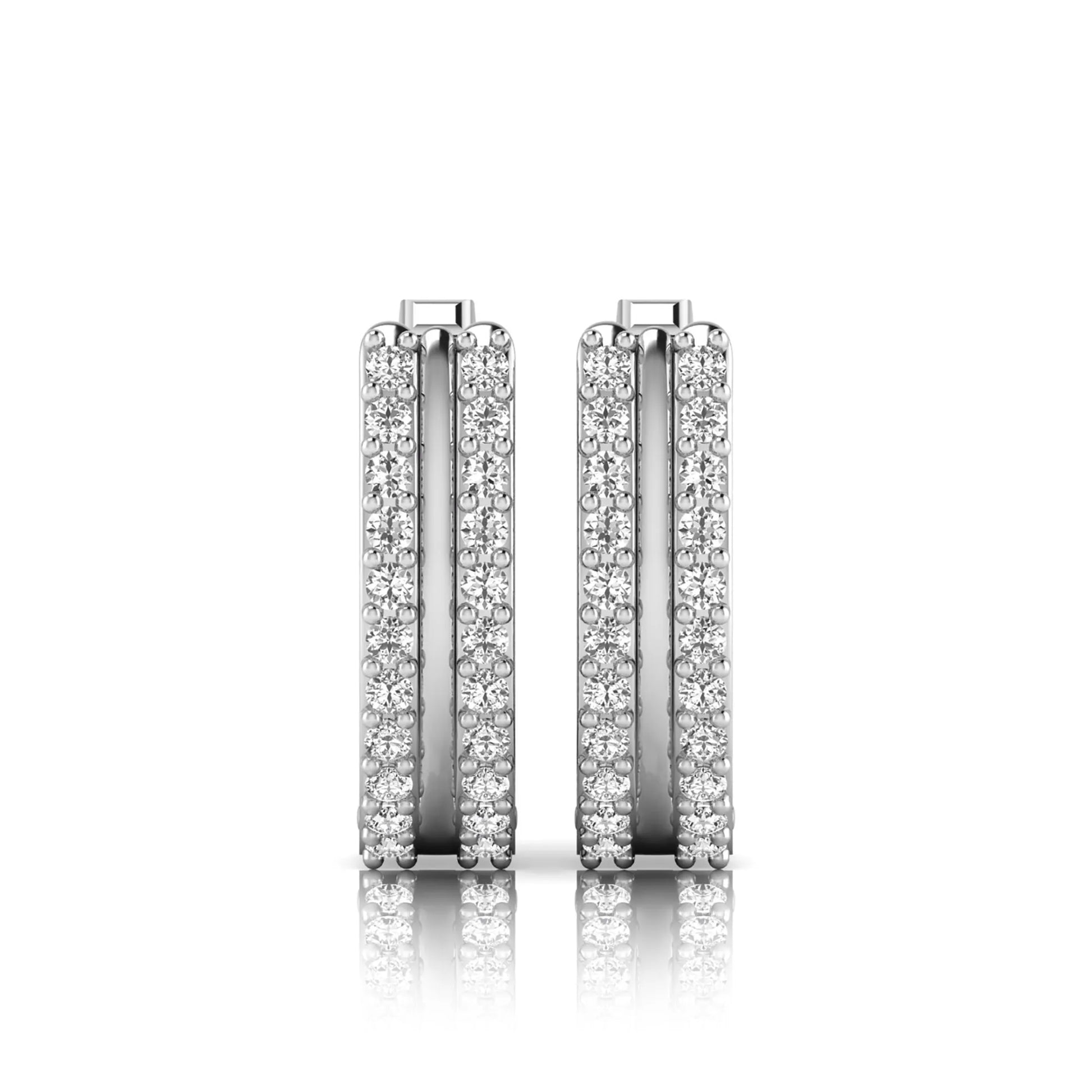 Round cut lab grown diamond prong set hoop earrings with hinged snap closure in white gold tone design
