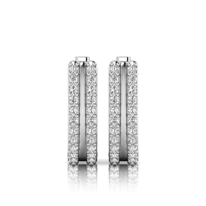 Round cut lab grown diamond prong set hoop earrings with hinged snap closure in white gold tone design