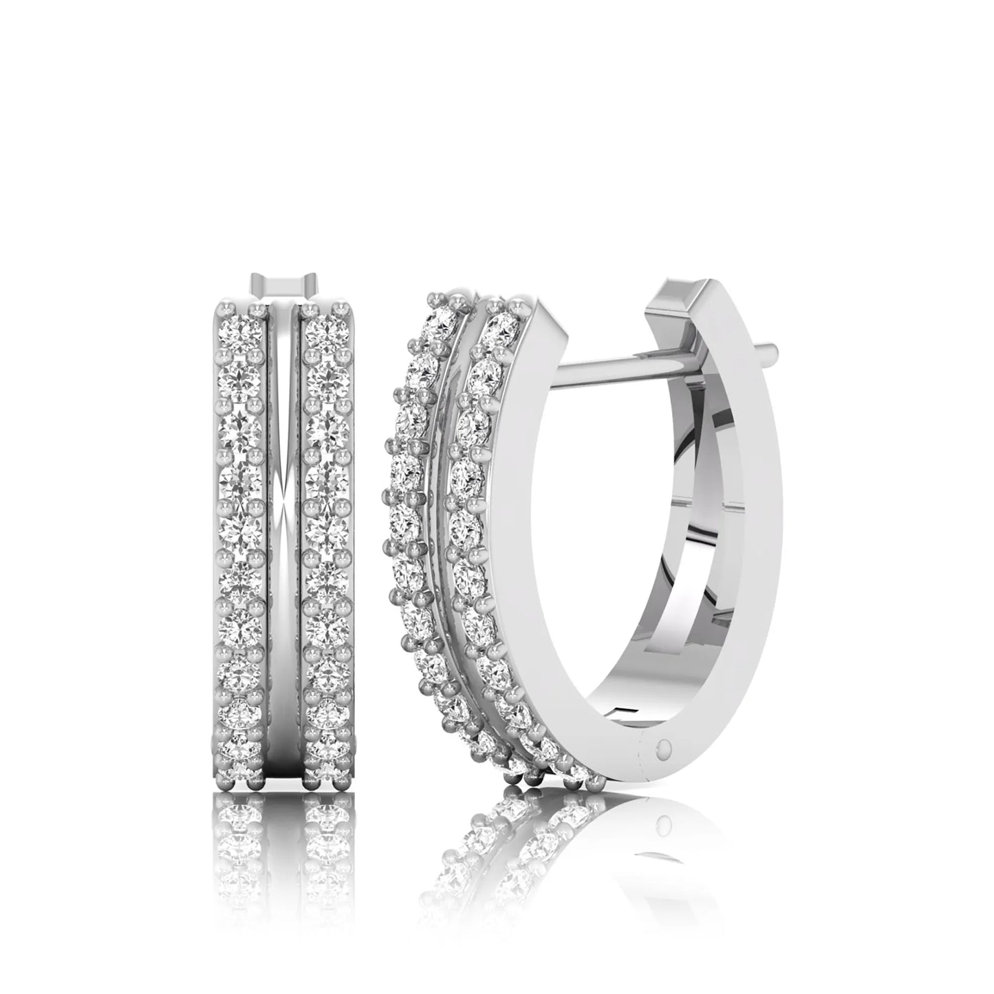 Round cut lab grown diamond prong set hoop earrings with hinged snap closure in white gold tone design