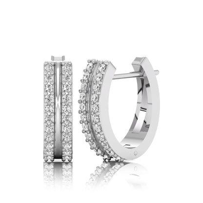 Round cut lab grown diamond prong set hoop earrings with hinged snap closure in white gold tone design