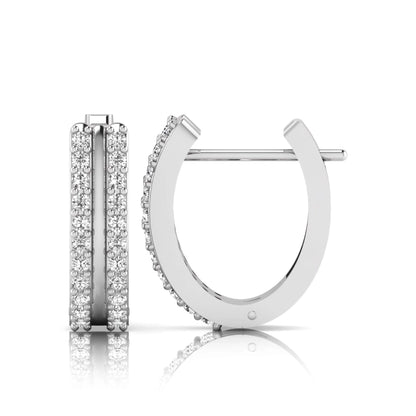 Round cut lab grown diamond prong set hoop earrings with hinged snap closure in white gold tone design