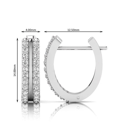 Round cut lab grown diamond prong set hoop earrings with hinged snap closure in white gold tone design