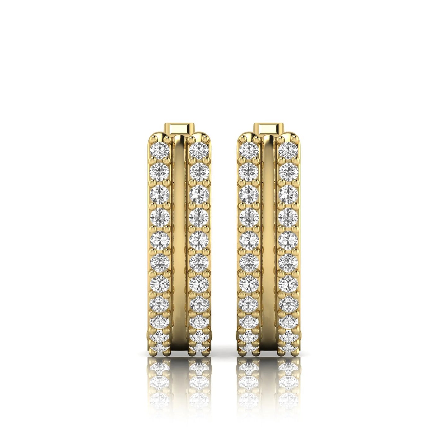 Round cut lab grown diamond prong set hoop earrings with hinged snap closure in yellow gold tone design