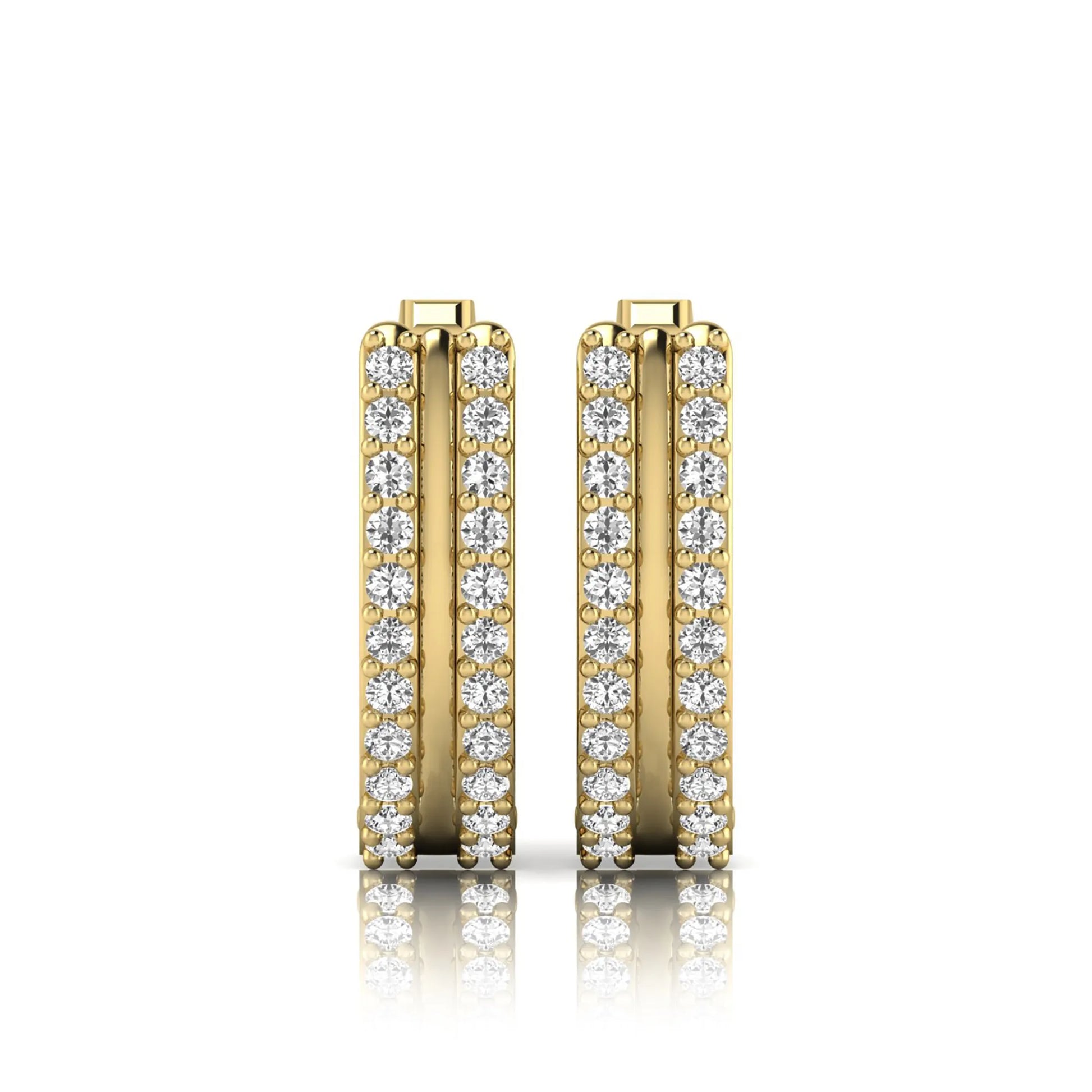 Round cut lab grown diamond prong set hoop earrings with hinged snap closure in yellow gold tone design