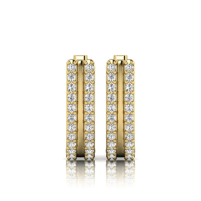 Round cut lab grown diamond prong set hoop earrings with hinged snap closure in yellow gold tone design