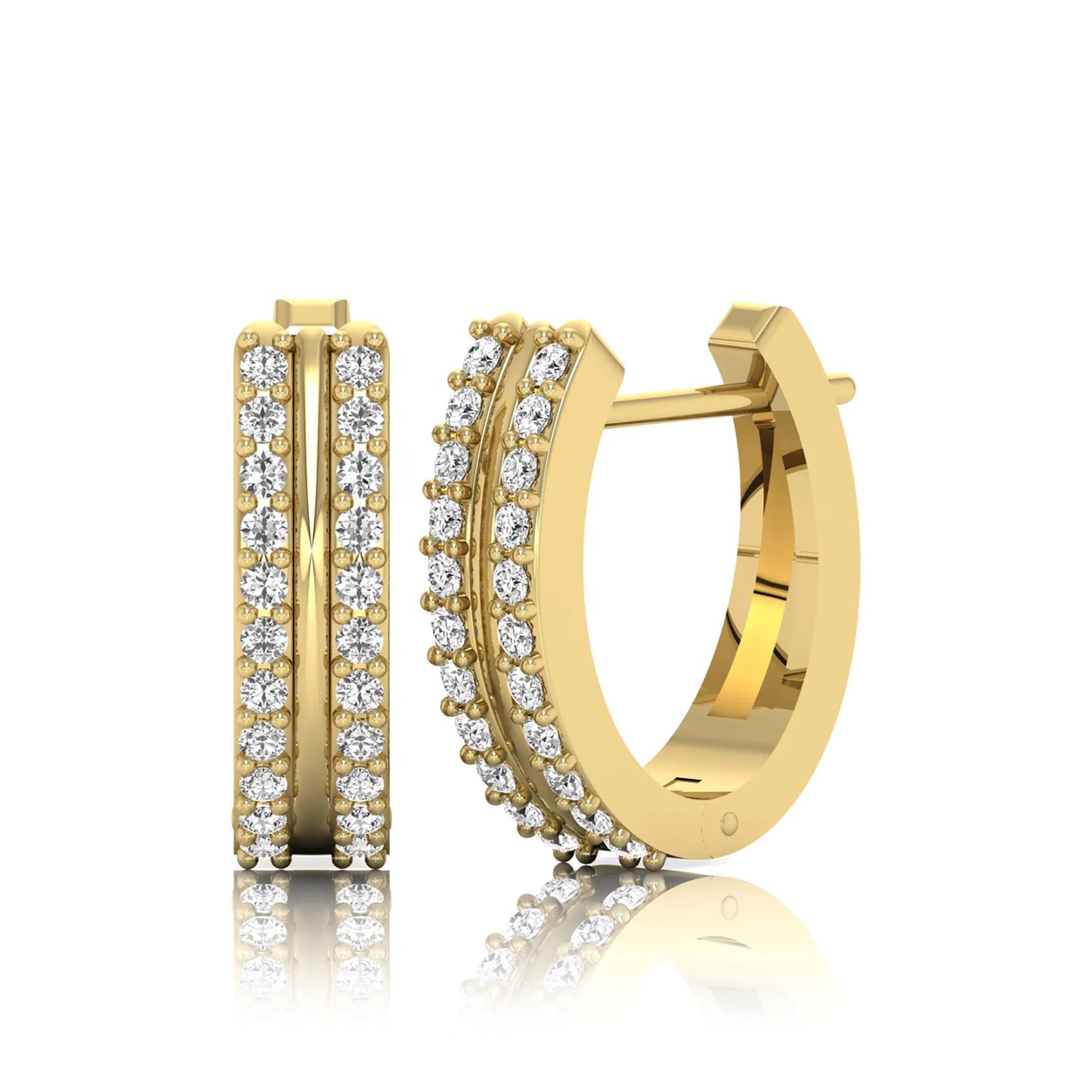 Round cut lab grown diamond prong set hoop earrings with hinged snap closure in yellow gold tone design
