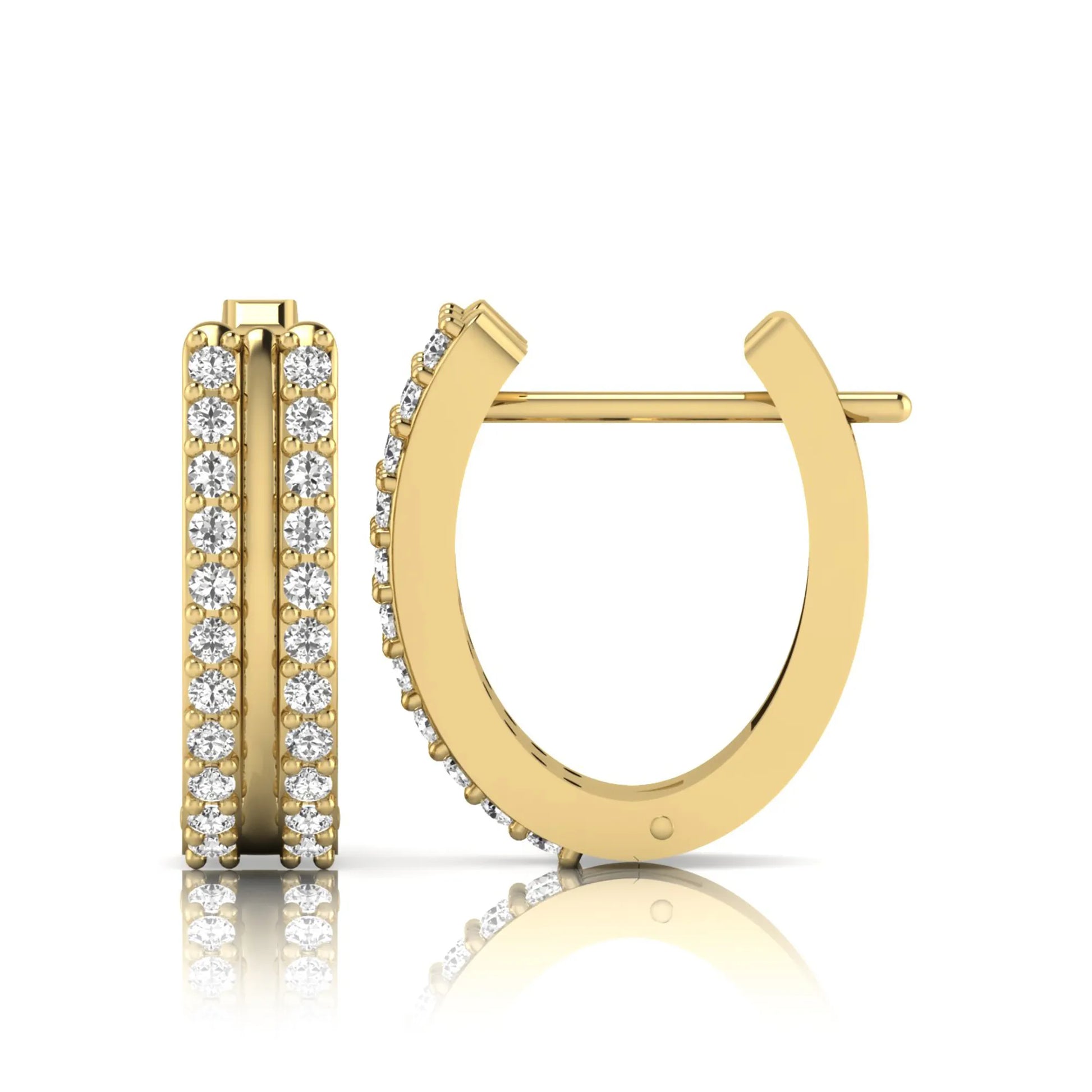 Round cut lab grown diamond prong set hoop earrings with hinged snap closure in yellow gold tone design