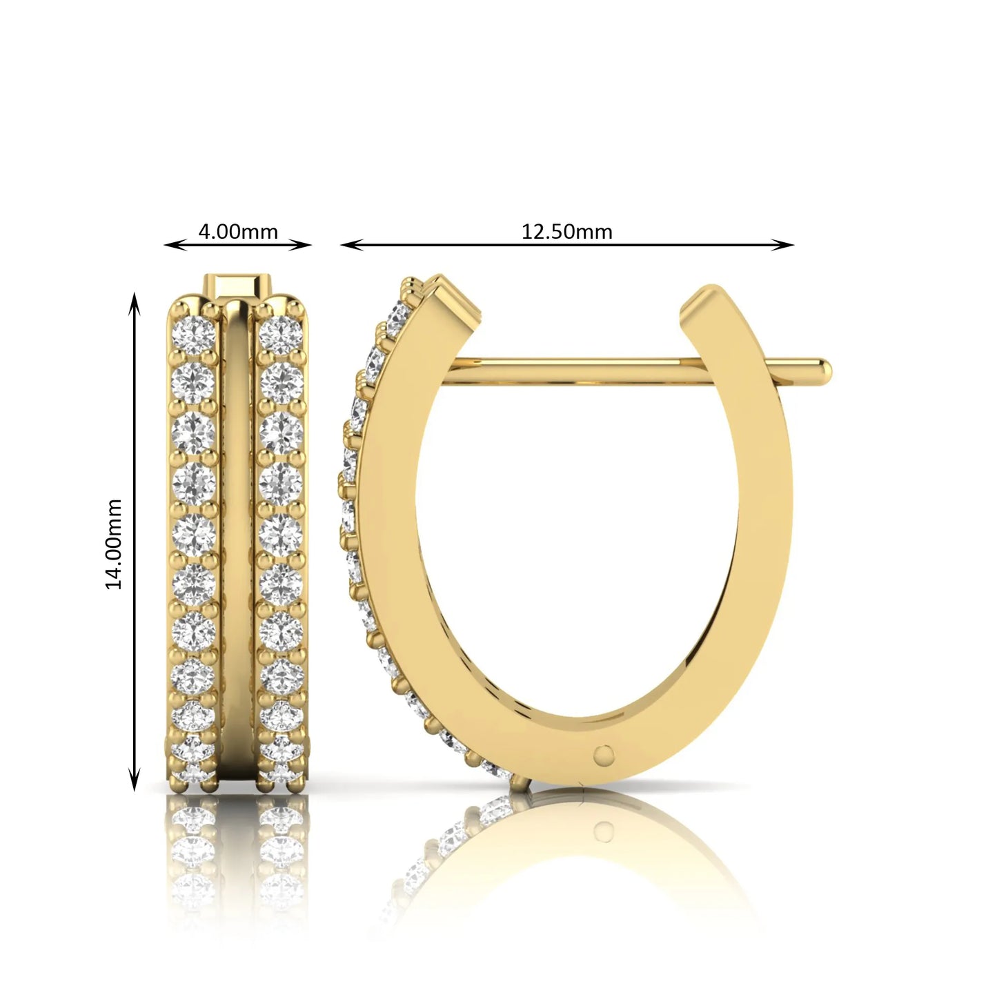 Round cut lab grown diamond prong set hoop earrings with hinged snap closure in yellow gold tone design