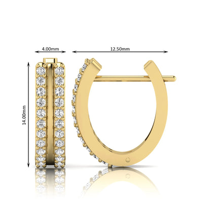 Round cut lab grown diamond prong set hoop earrings with hinged snap closure in yellow gold tone design