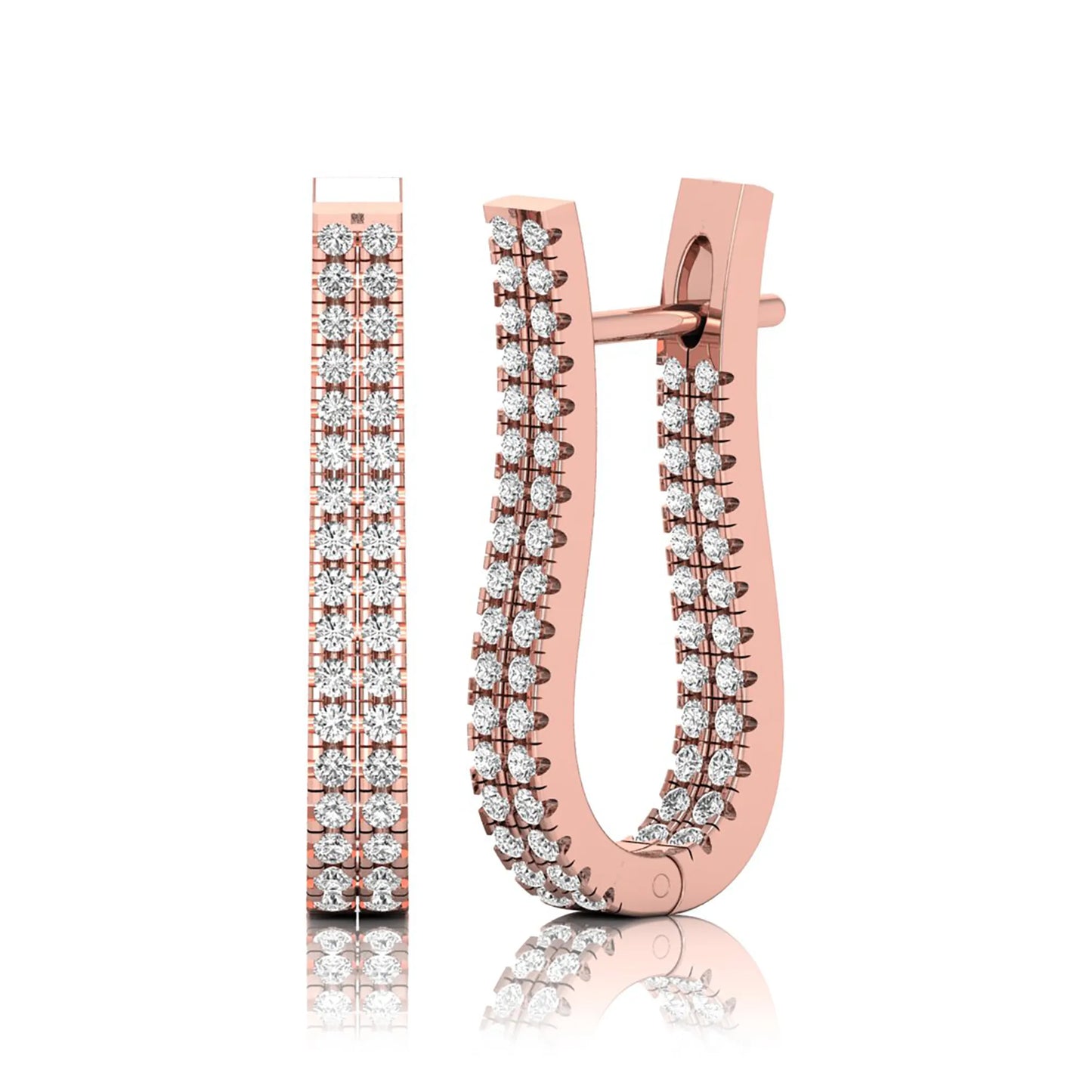 rose gold Round cut lab grown diamond double row U hoop earrings with prong setting and hinged hoop closure