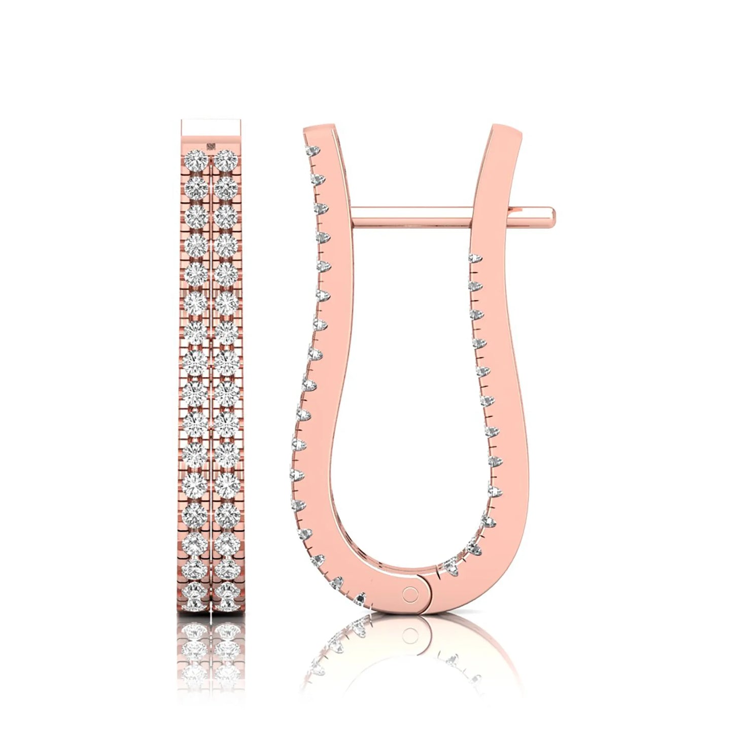 rose gold Round cut lab grown diamond double row U hoop earrings with prong setting and hinged hoop closure