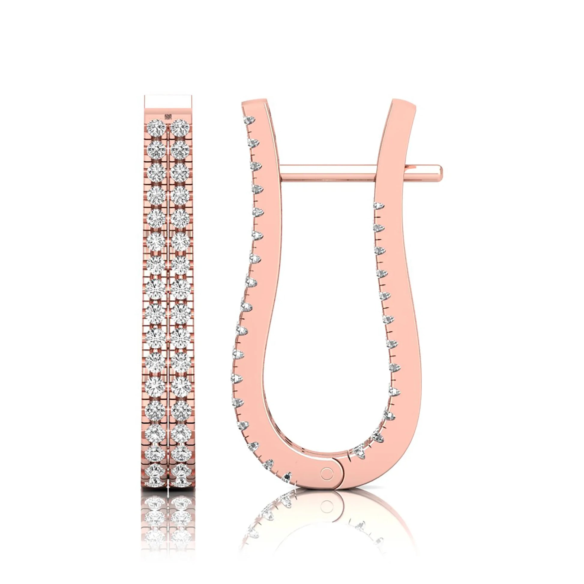 rose gold Round cut lab grown diamond double row U hoop earrings with prong setting and hinged hoop closure
