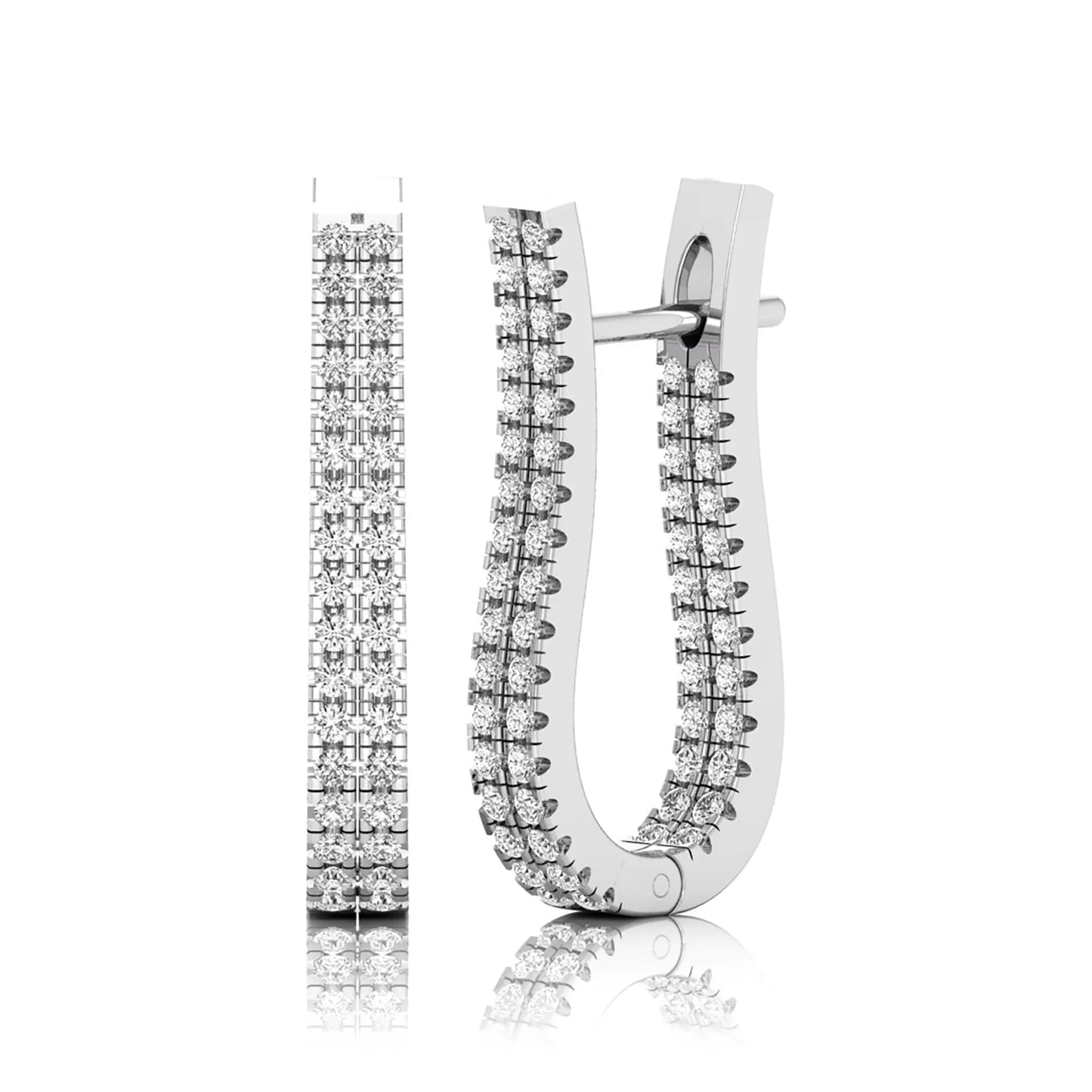 white gold Round cut lab grown diamond double row U hoop earrings with prong setting and hinged hoop closure