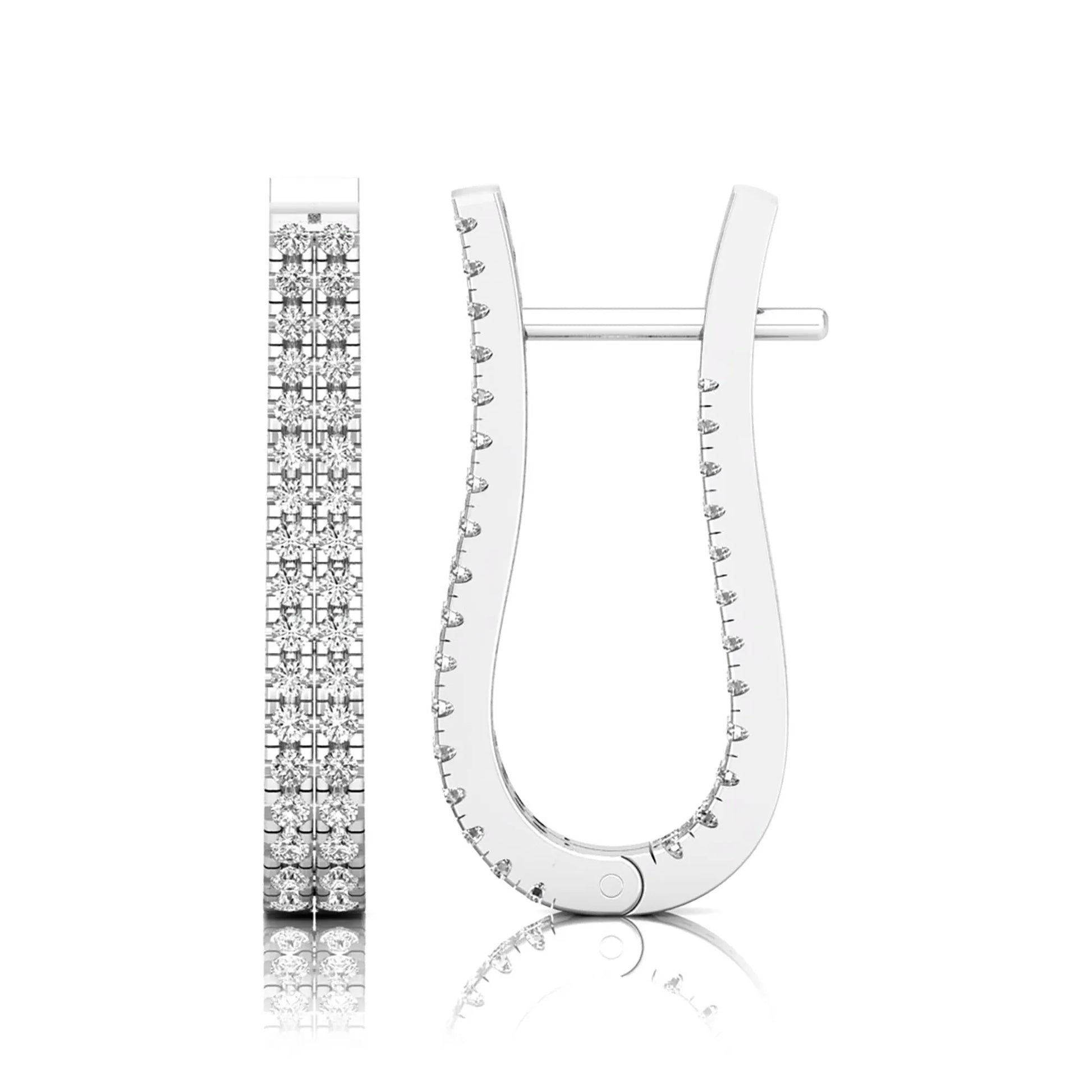 white gold Round cut lab grown diamond double row U hoop earrings with prong setting and hinged hoop closure