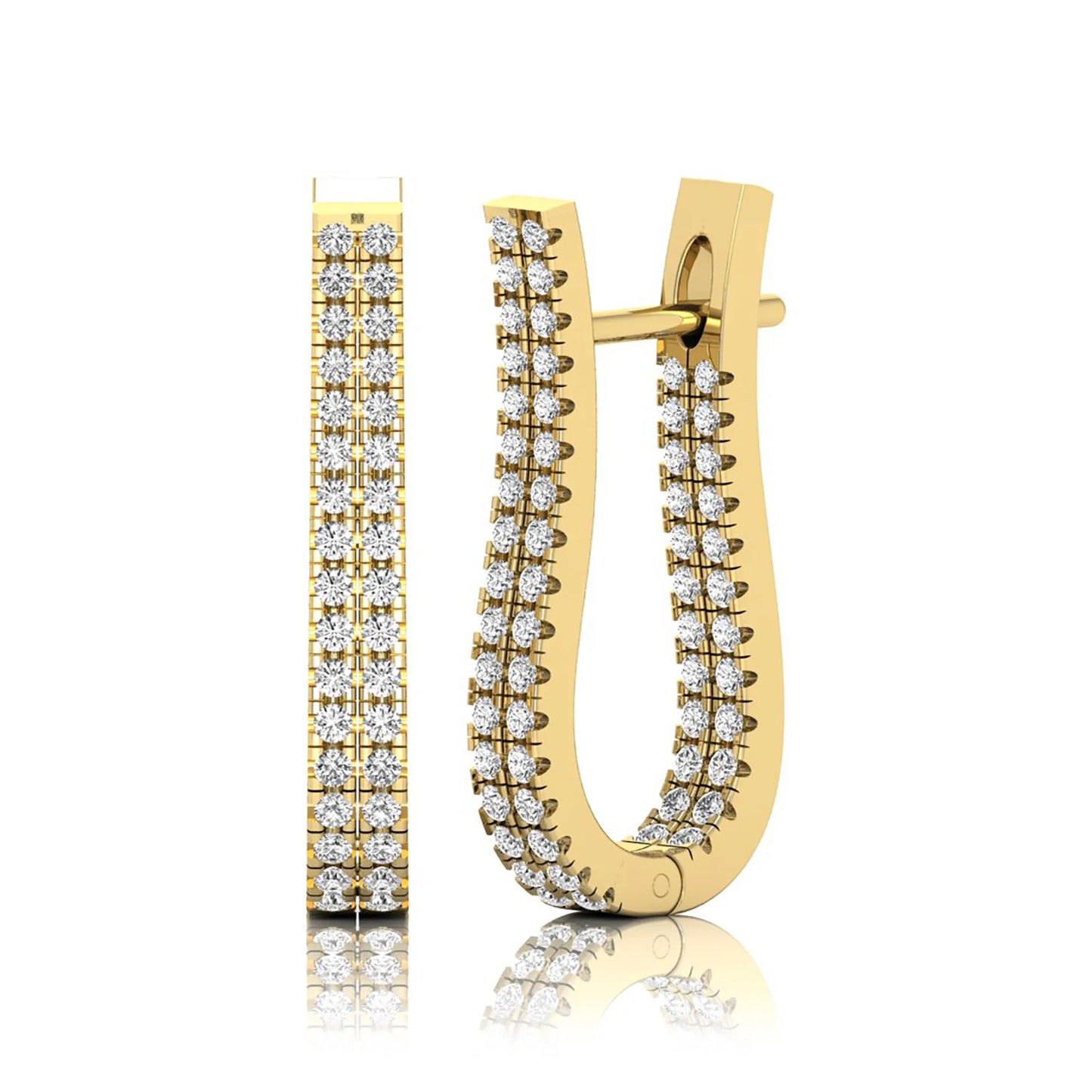 yellow gold Round cut lab grown diamond double row U hoop earrings with prong setting and hinged hoop closure