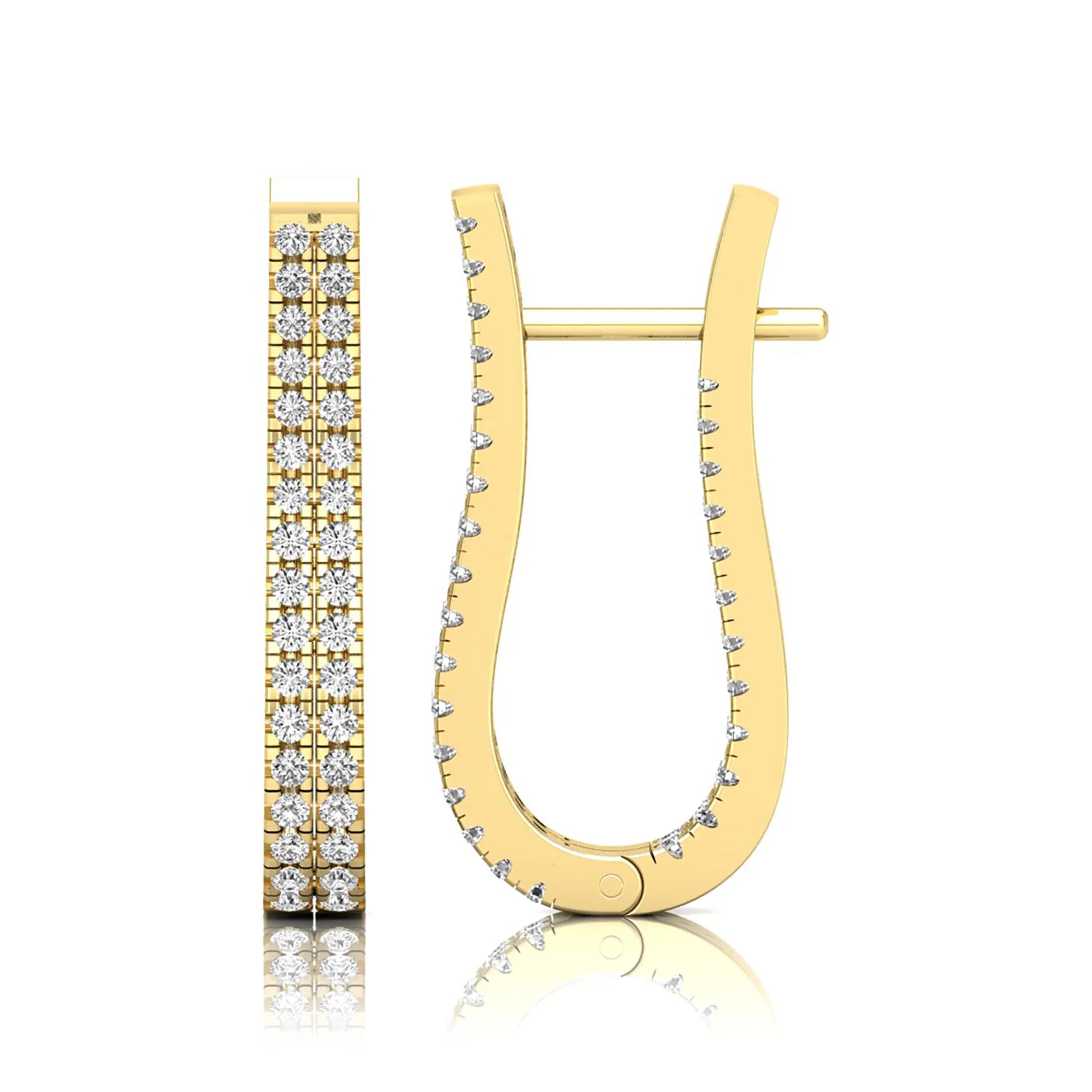 yellow gold Round cut lab grown diamond double row U hoop earrings with prong setting and hinged hoop closure