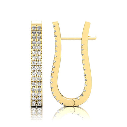 yellow gold Round cut lab grown diamond double row U hoop earrings with prong setting and hinged hoop closure