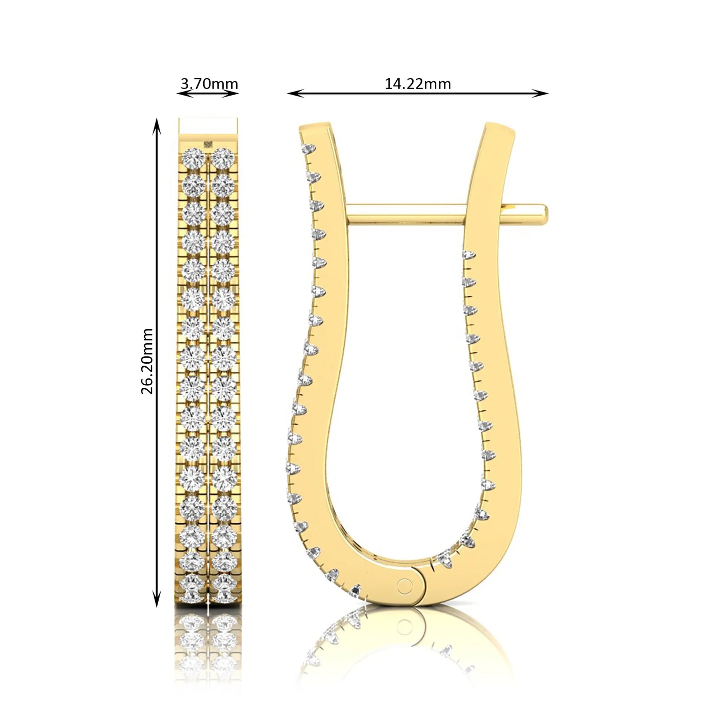 yellow gold Round cut lab grown diamond double row U hoop earrings with prong setting and hinged hoop closure