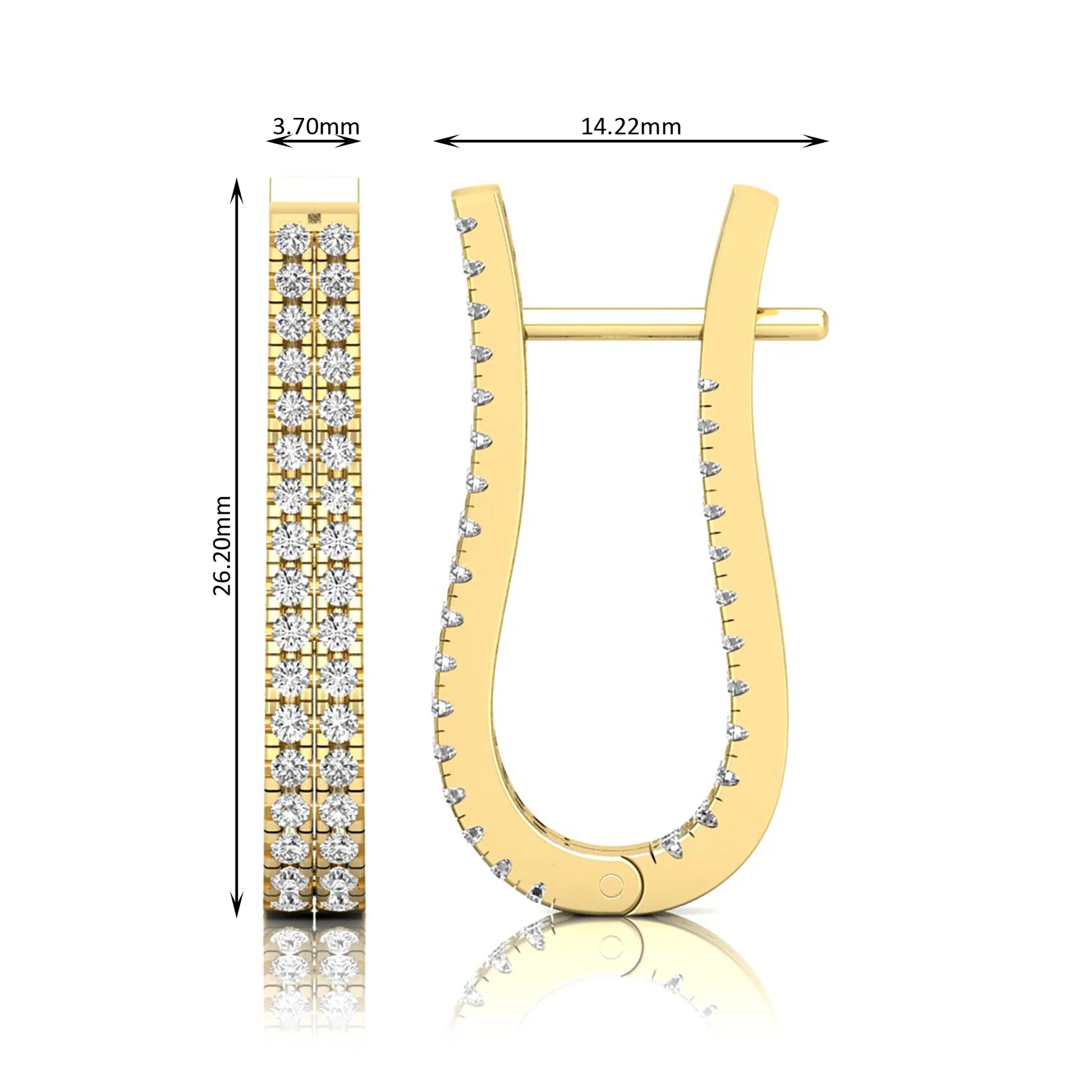 yellow gold Round cut lab grown diamond double row U hoop earrings with prong setting and hinged hoop closure