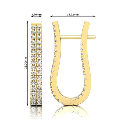 yellow gold Round cut lab grown diamond double row U hoop earrings with prong setting and hinged hoop closure