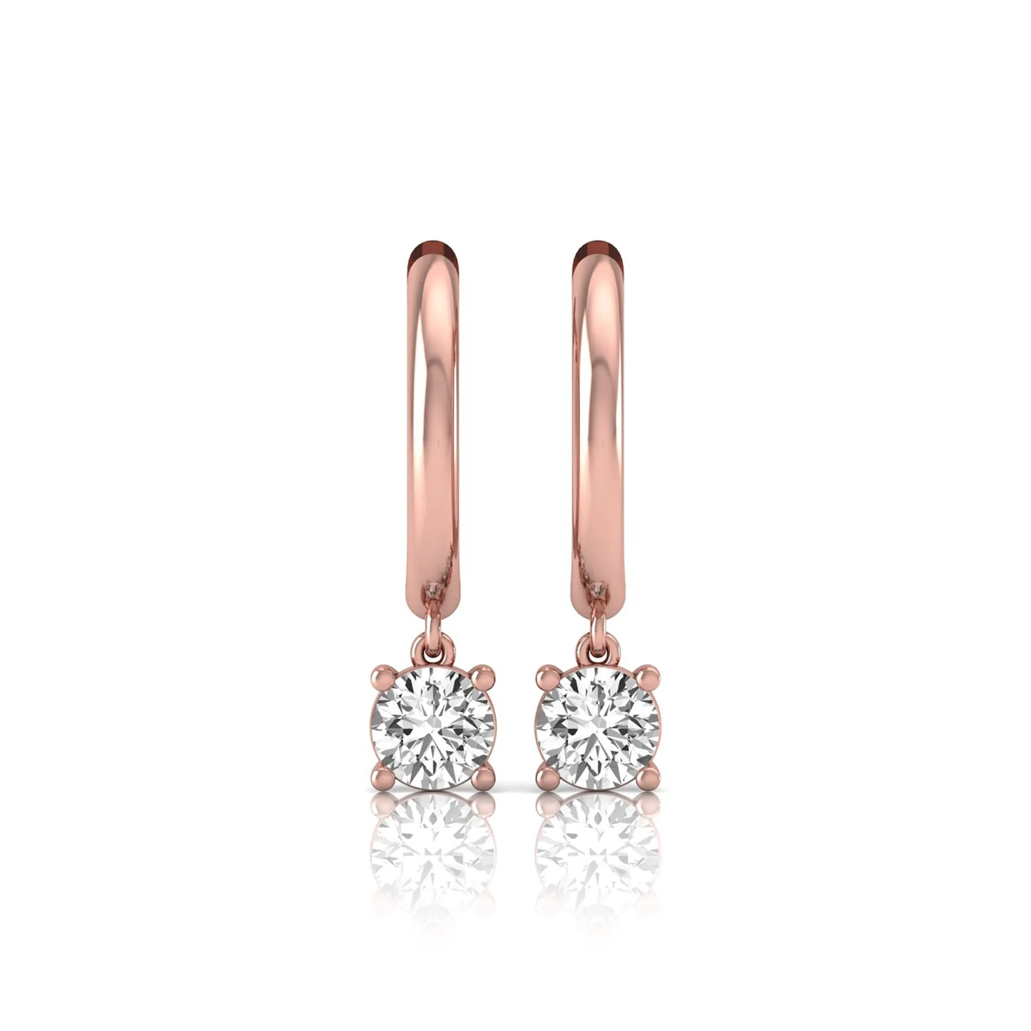Round cut lab grown diamond drop huggie hoop earrings featuring a four prong drop setting, hinged snap closure, and polished rose gold tone finish.