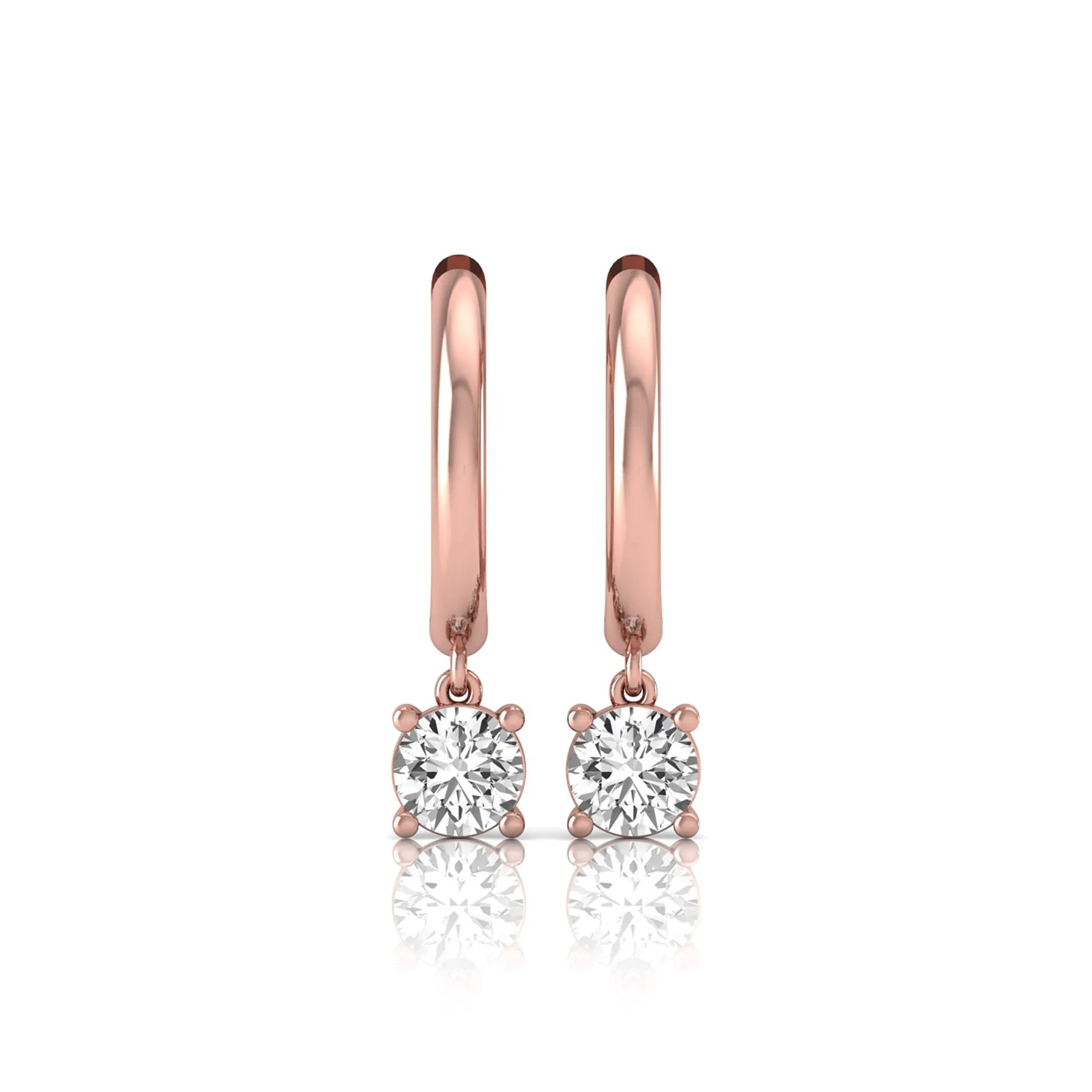 Round cut lab grown diamond drop huggie hoop earrings featuring a four prong drop setting, hinged snap closure, and polished rose gold tone finish.