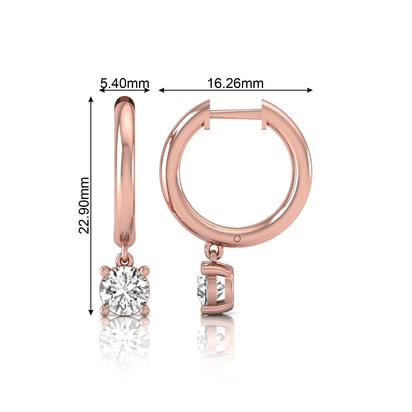 Round cut lab grown diamond drop huggie hoop earrings featuring a four prong drop setting, hinged snap closure, and polished rose gold tone finish.