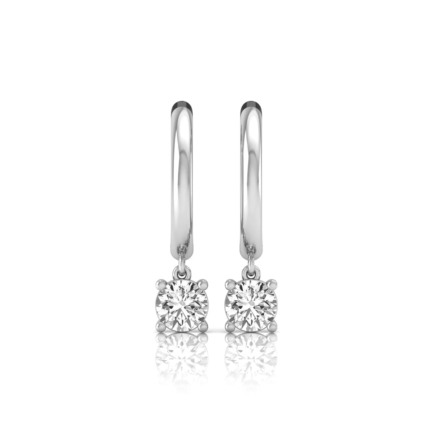 Round cut lab grown diamond drop huggie hoop earrings featuring a four prong drop setting, hinged snap closure, and polished white gold tone finish.