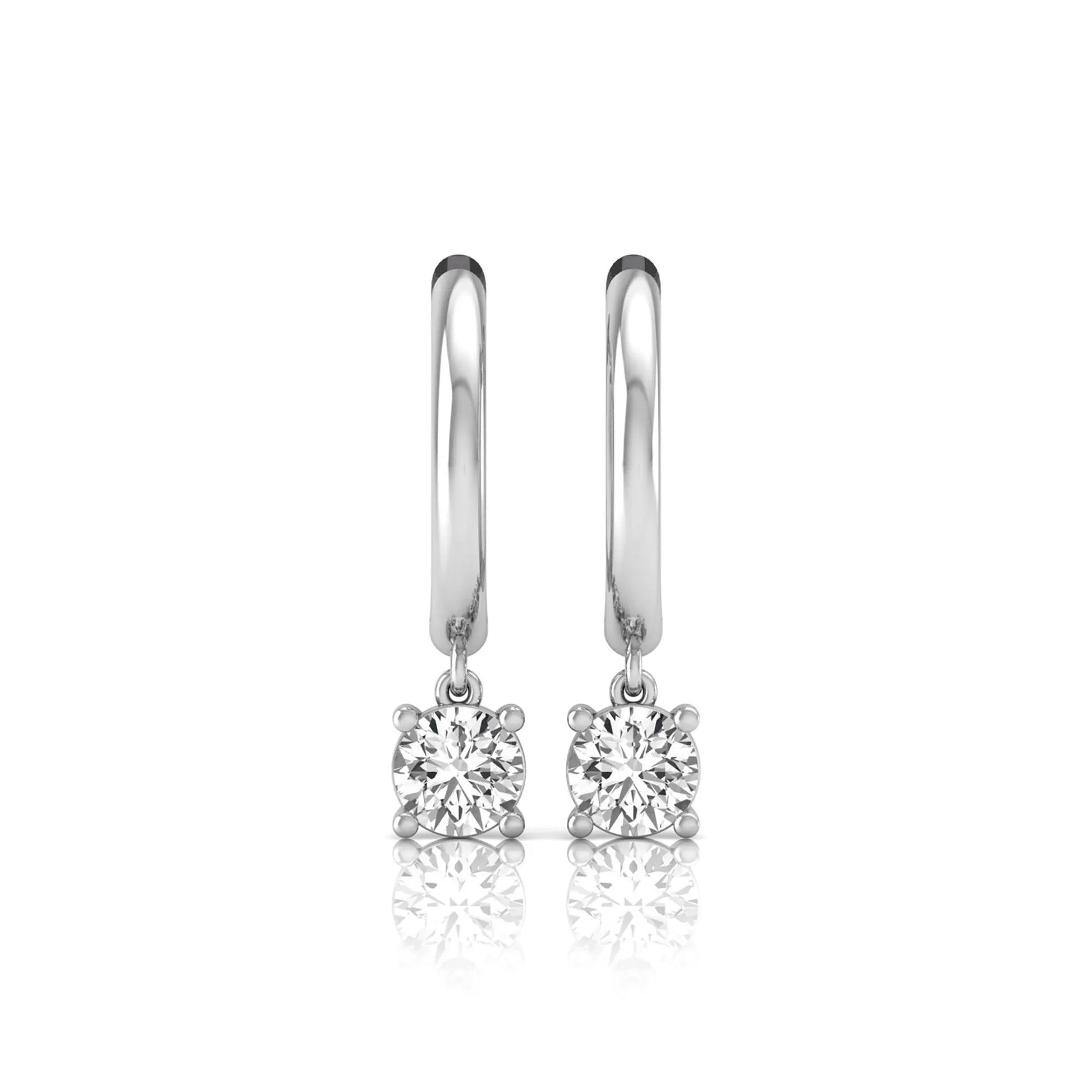 Round cut lab grown diamond drop huggie hoop earrings featuring a four prong drop setting, hinged snap closure, and polished white gold tone finish.