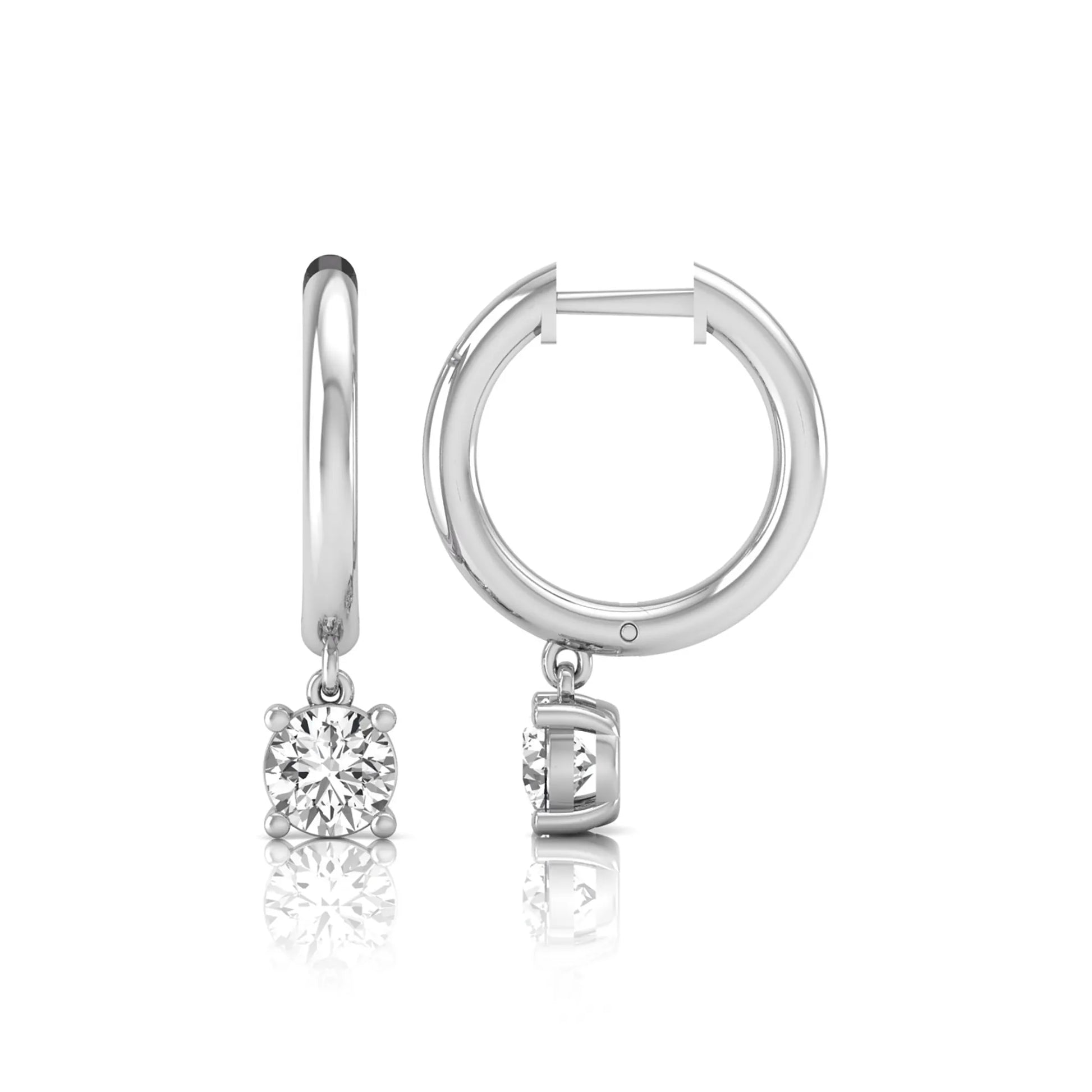 Round cut lab grown diamond drop huggie hoop earrings featuring a four prong drop setting, hinged snap closure, and polished white gold tone finish.