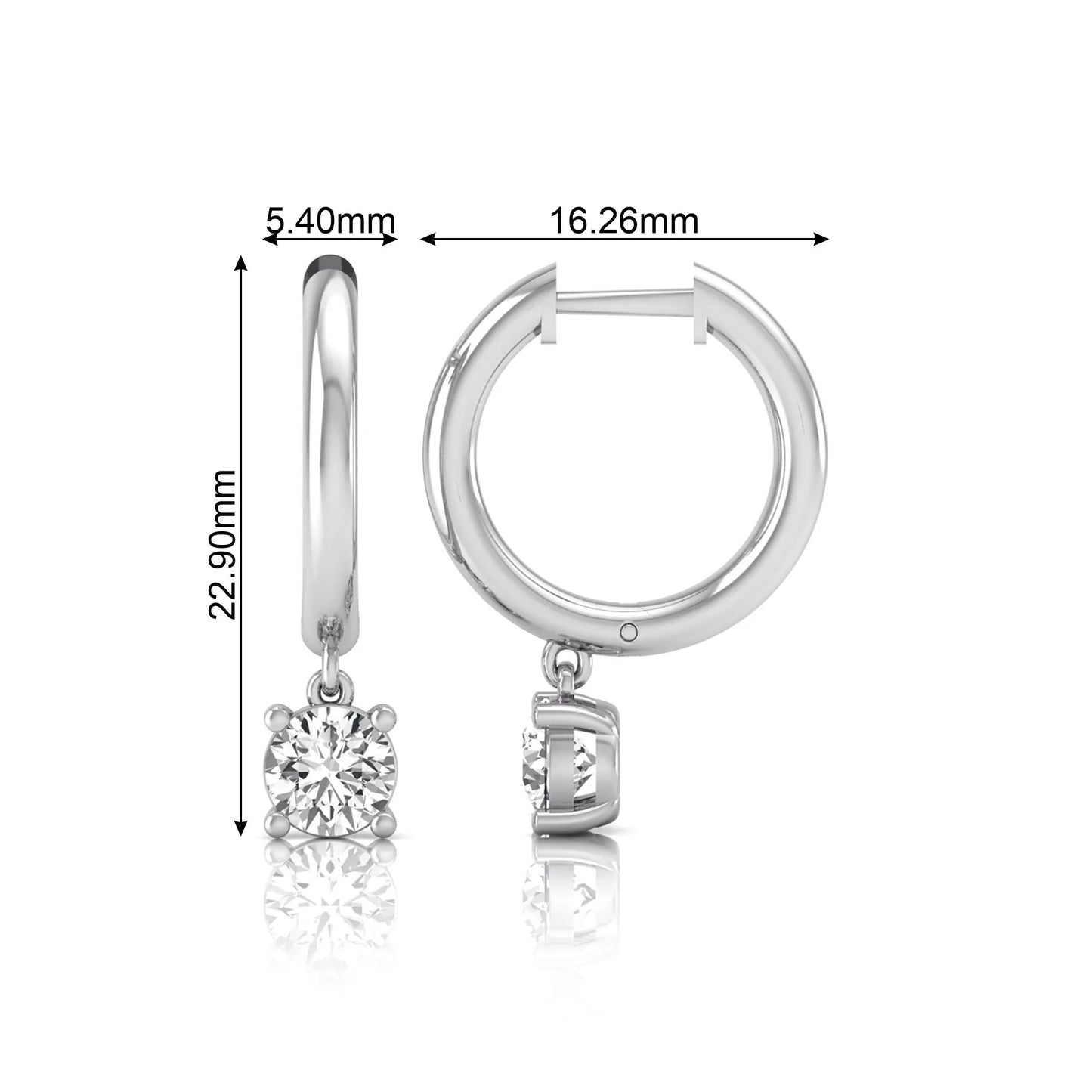 Round cut lab grown diamond drop huggie hoop earrings featuring a four prong drop setting, hinged snap closure, and polished white gold tone finish.