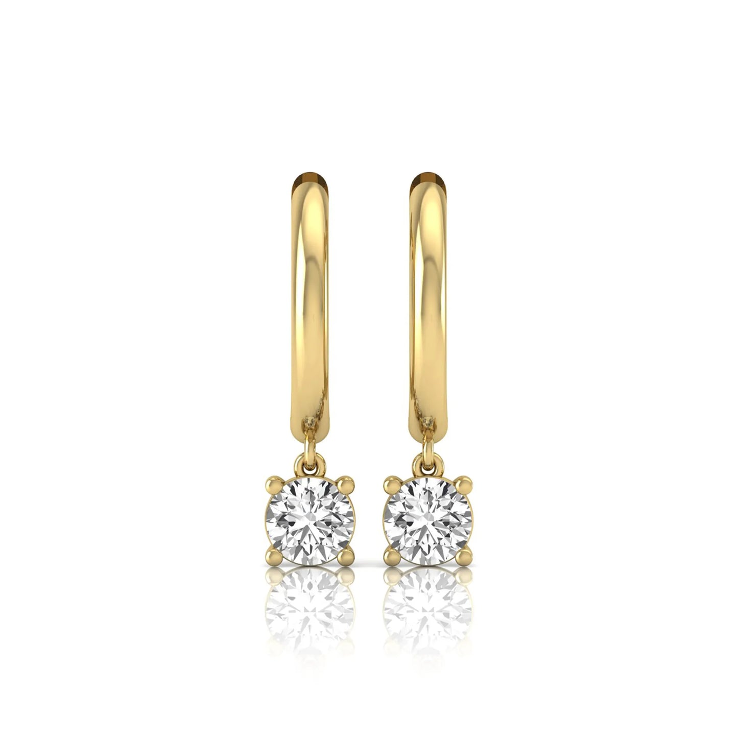Round cut lab grown diamond drop huggie hoop earrings featuring a four prong drop setting, hinged snap closure, and polished yellow gold tone finish.