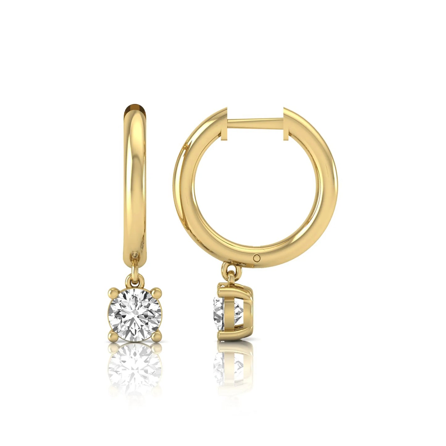 Round cut lab grown diamond drop huggie hoop earrings featuring a four prong drop setting, hinged snap closure, and polished yellow gold tone finish.