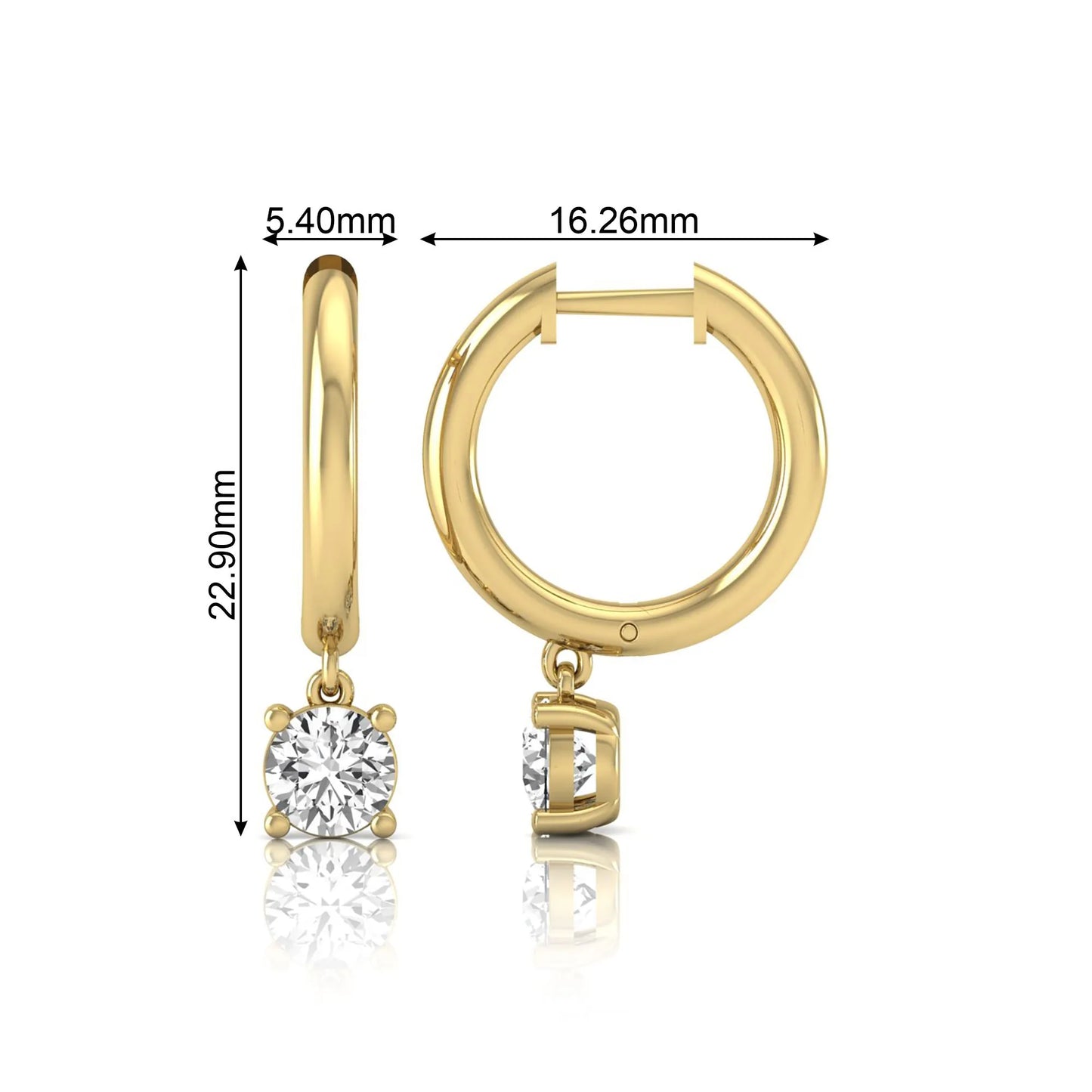 Round cut lab grown diamond drop huggie hoop earrings featuring a four prong drop setting, hinged snap closure, and polished yellow gold tone finish.