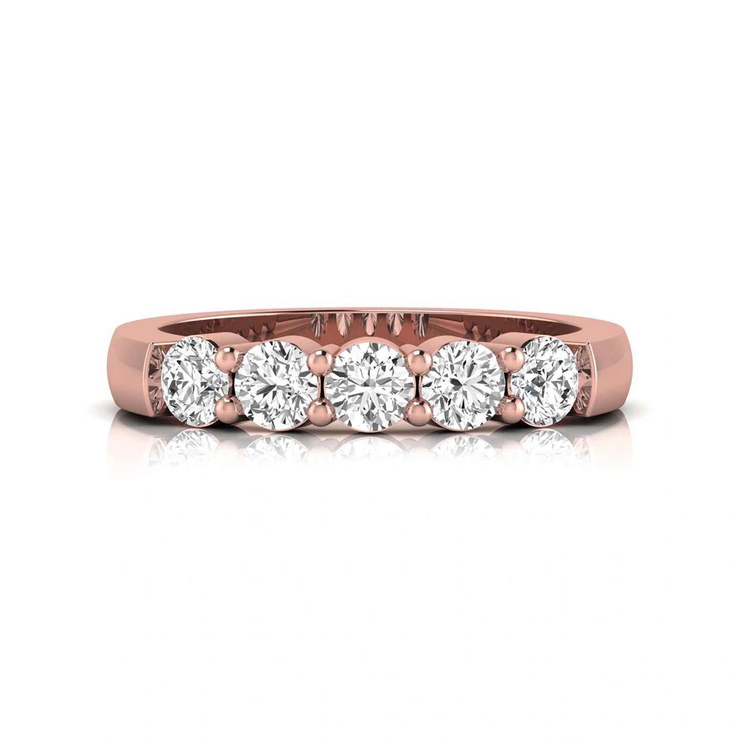 Round cut five stone lab grown diamond anniversary ring featuring a shared prong setting with a polished rose gold finish band.