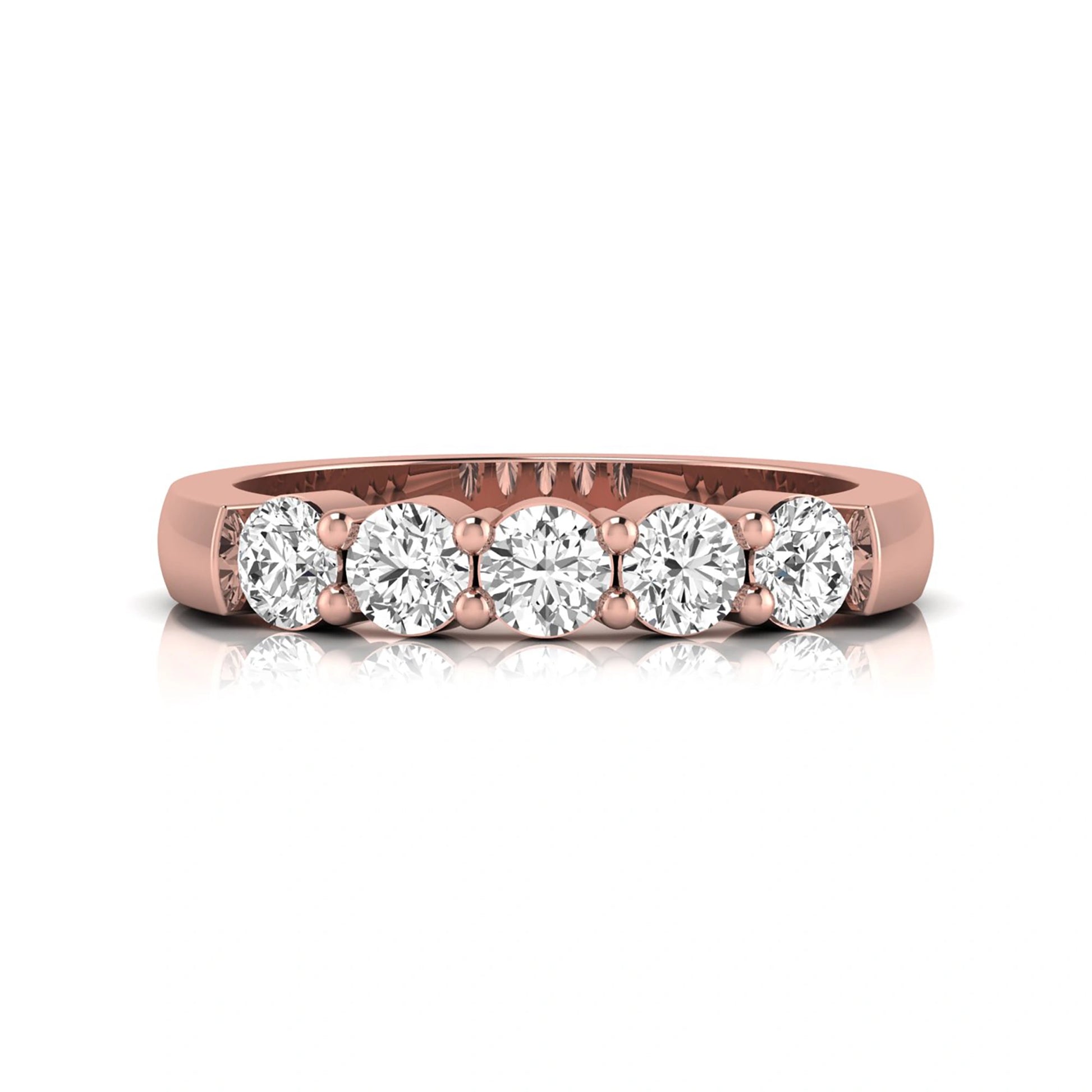 Round cut five stone lab grown diamond anniversary ring featuring a shared prong setting with a polished rose gold finish band.