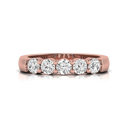 Round cut five stone lab grown diamond anniversary ring featuring a shared prong setting with a polished rose gold finish band.