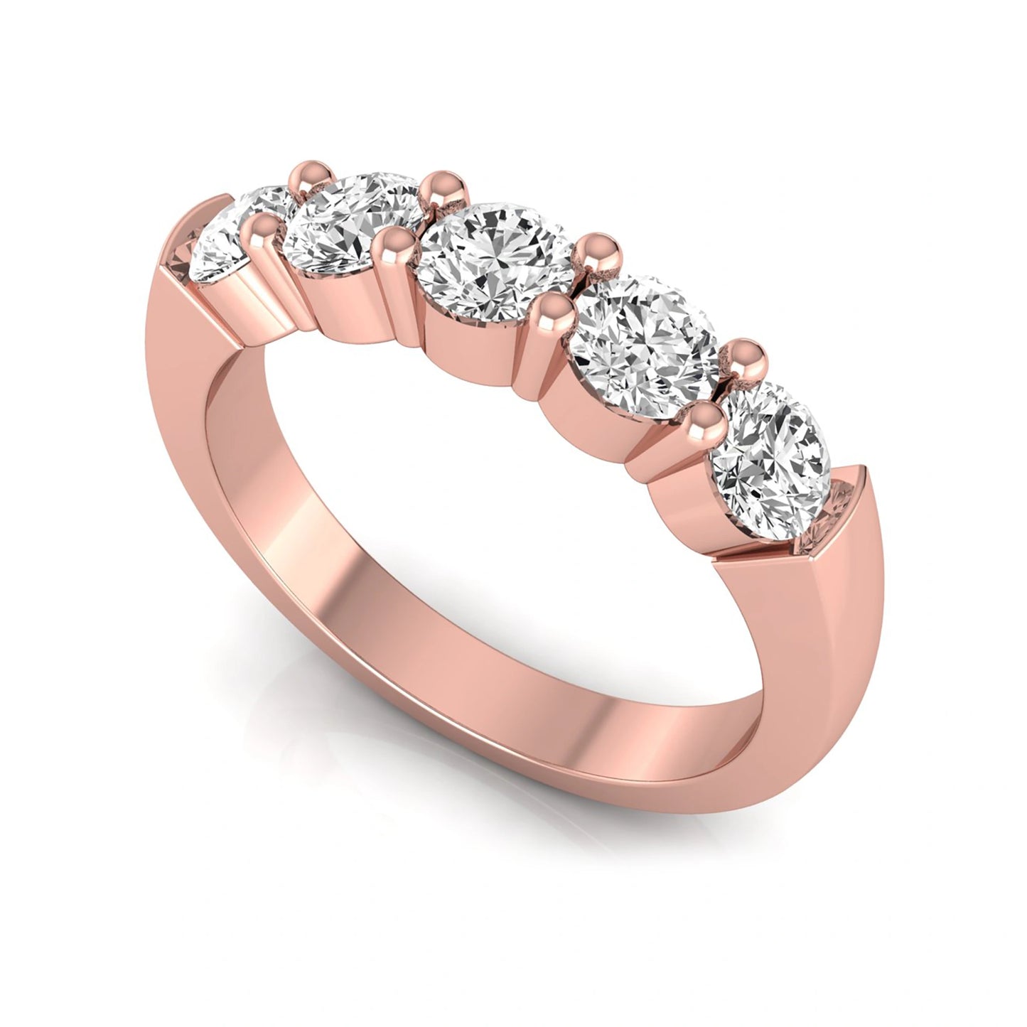 Round cut five stone lab grown diamond anniversary ring featuring a shared prong setting with a polished rose gold finish band.