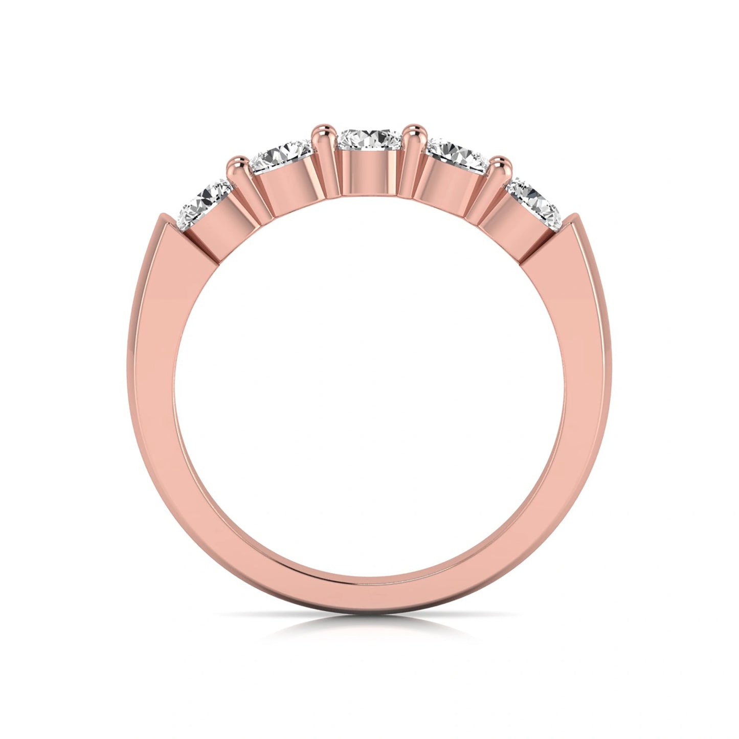 Round cut five stone lab grown diamond anniversary ring featuring a shared prong setting with a polished rose gold finish band.