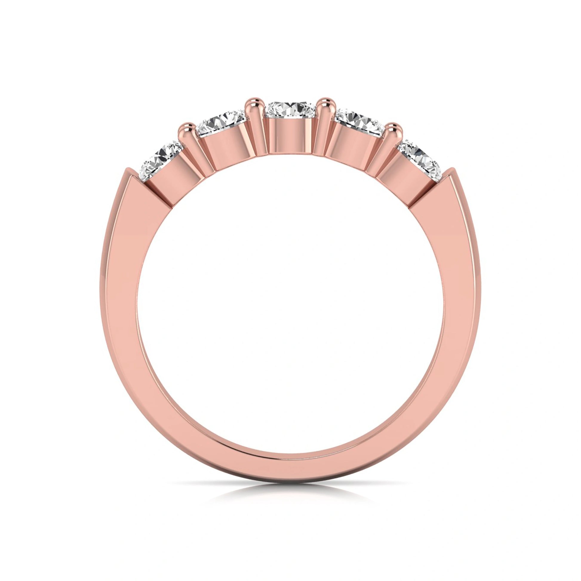 Round cut five stone lab grown diamond anniversary ring featuring a shared prong setting with a polished rose gold finish band.