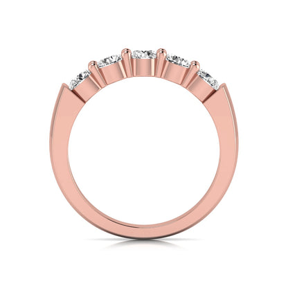 Round cut five stone lab grown diamond anniversary ring featuring a shared prong setting with a polished rose gold finish band.