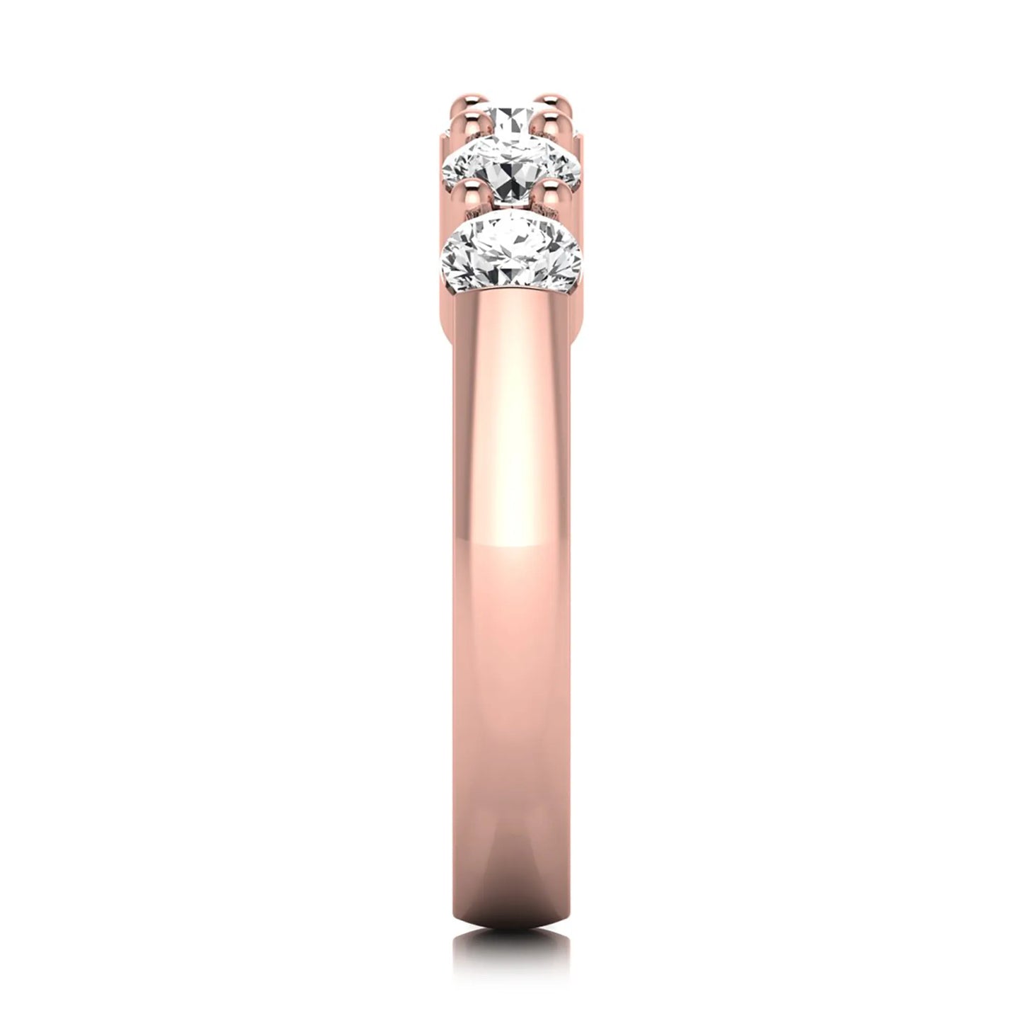 Round cut five stone lab grown diamond anniversary ring featuring a shared prong setting with a polished rose gold finish band.