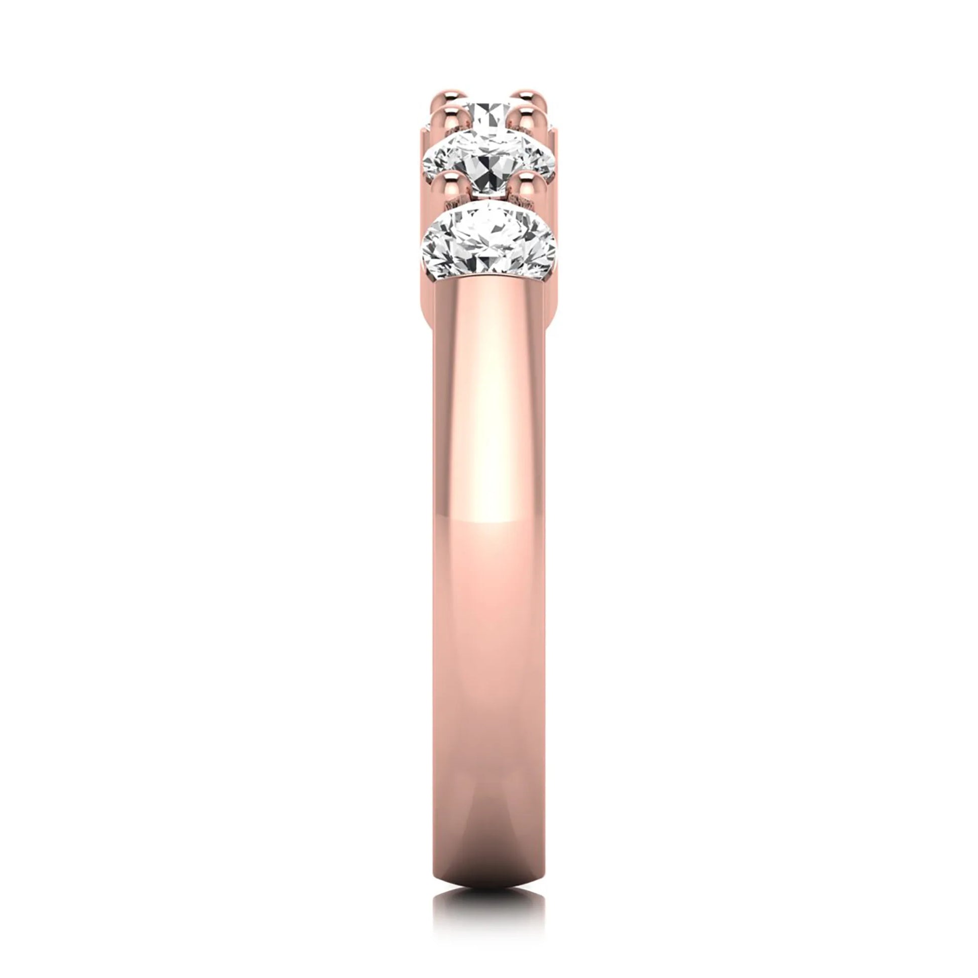 Round cut five stone lab grown diamond anniversary ring featuring a shared prong setting with a polished rose gold finish band.