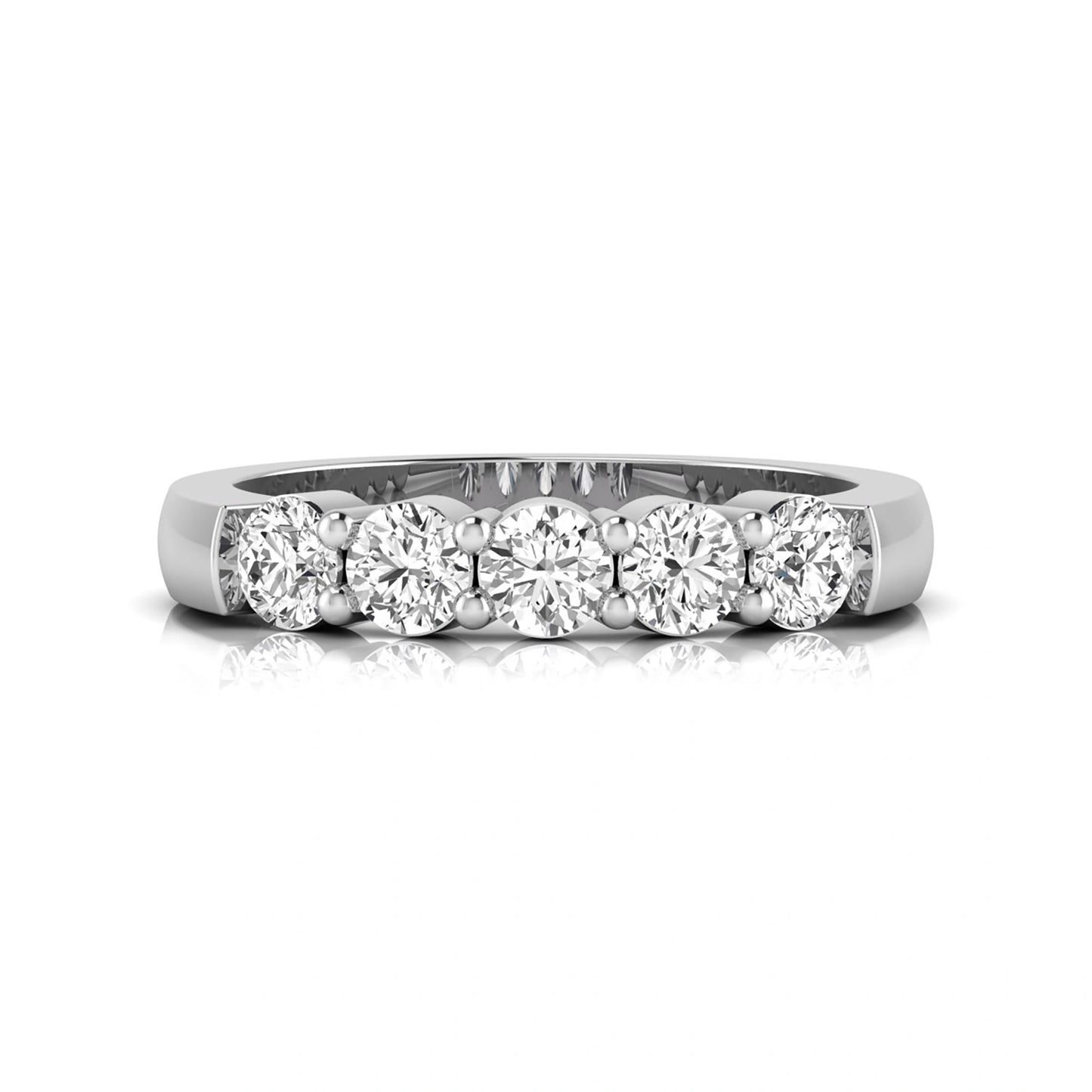 Round cut five stone lab grown diamond anniversary ring featuring a shared prong setting with a polished white gold finish band.