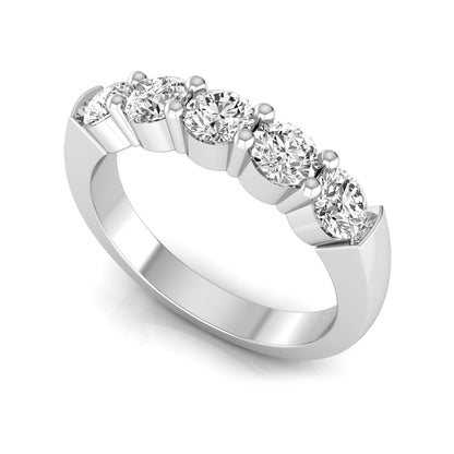 Round cut five stone lab grown diamond anniversary ring featuring a shared prong setting with a polished white gold finish band.