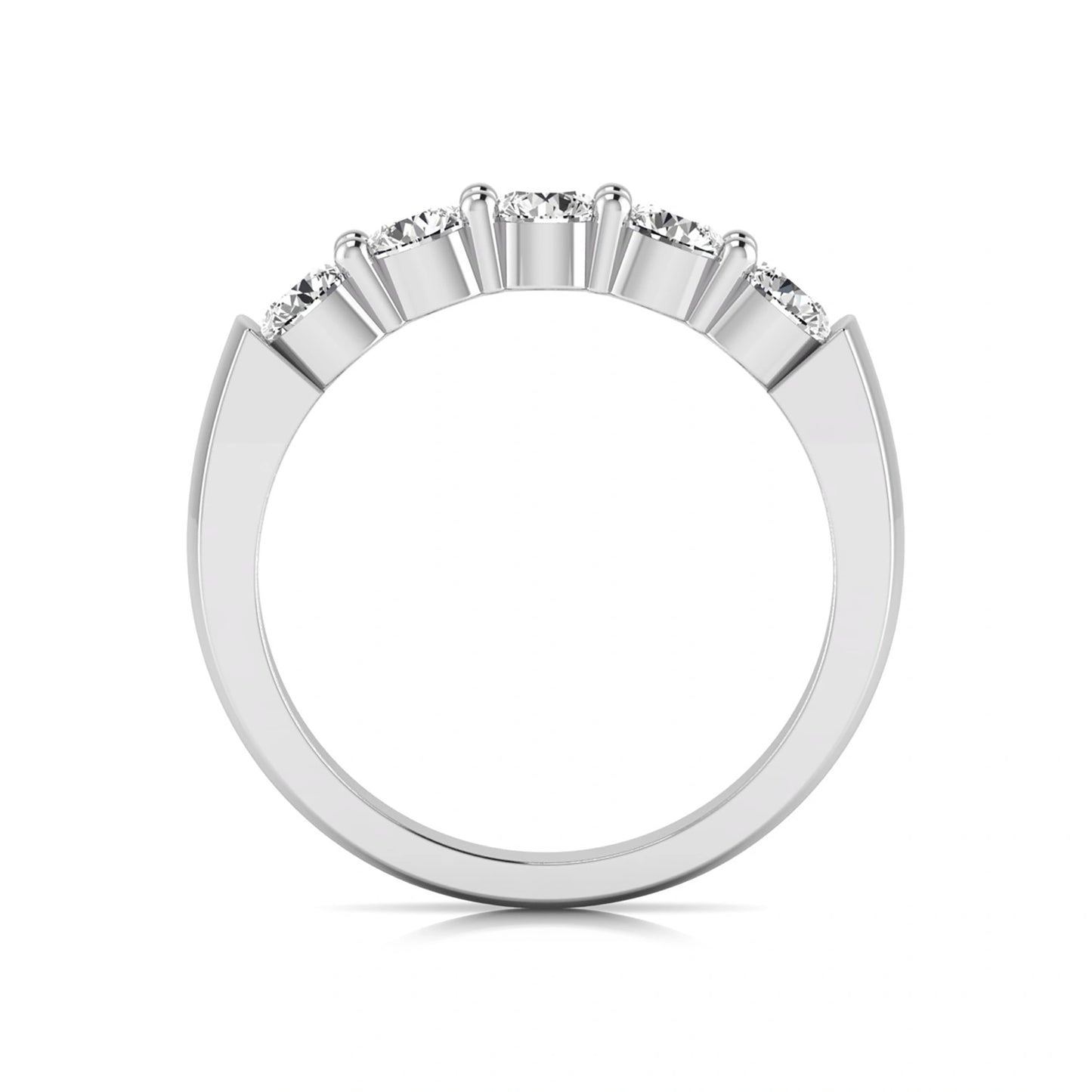 Round cut five stone lab grown diamond anniversary ring featuring a shared prong setting with a polished white gold finish band.