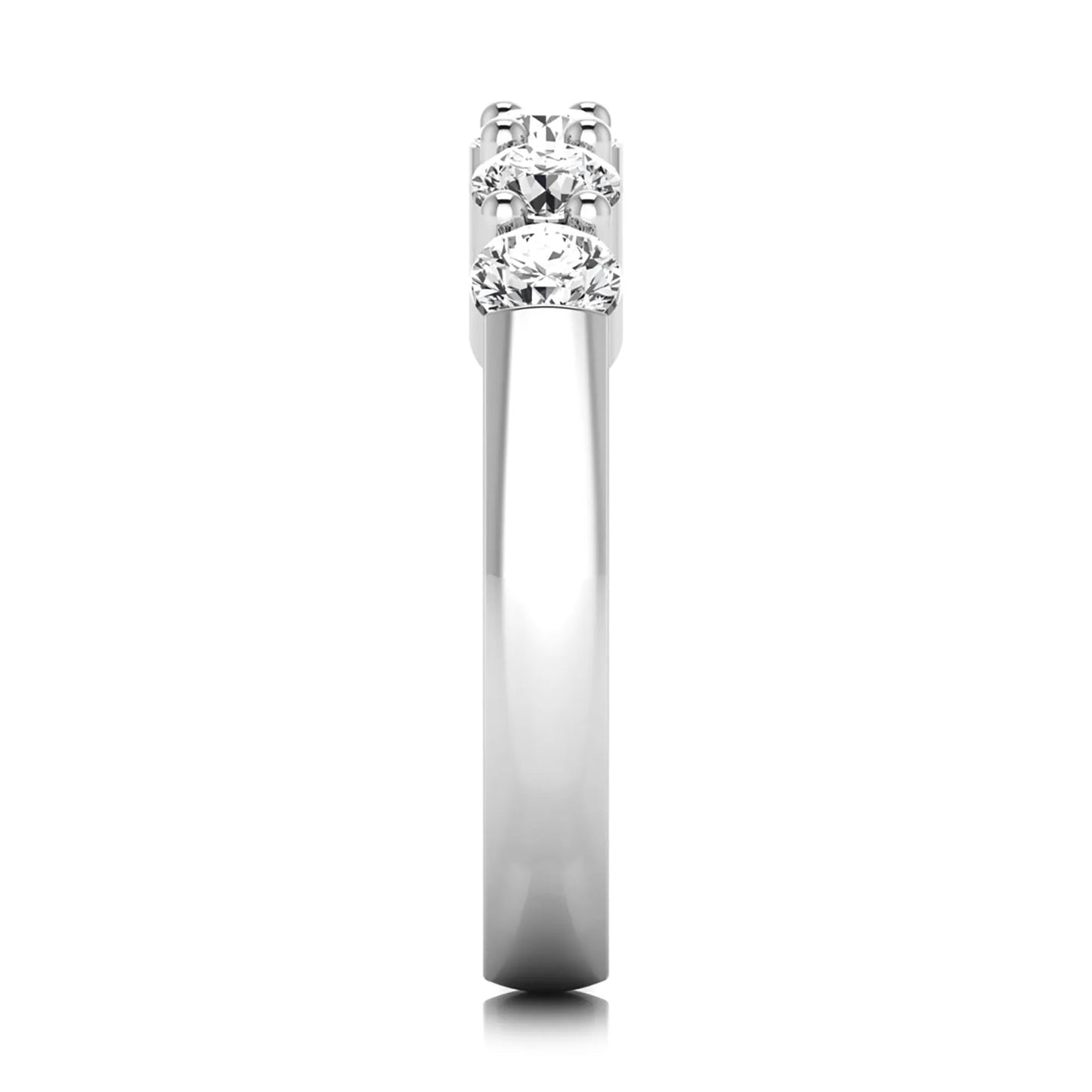 Round cut five stone lab grown diamond anniversary ring featuring a shared prong setting with a polished white gold finish band.