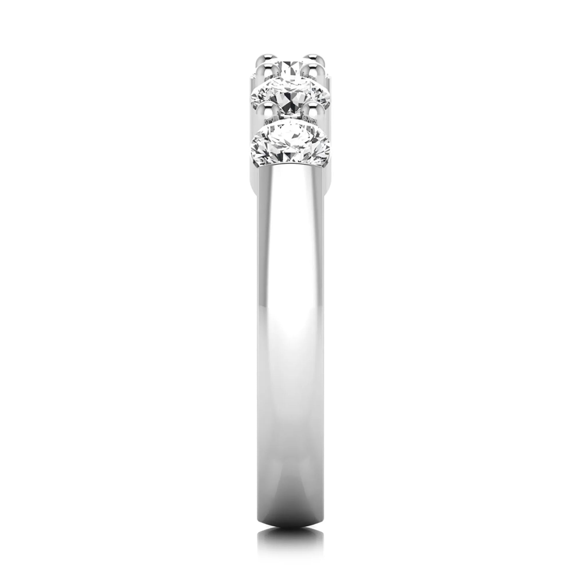 Round cut five stone lab grown diamond anniversary ring featuring a shared prong setting with a polished white gold finish band.