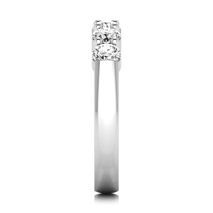 Round cut five stone lab grown diamond anniversary ring featuring a shared prong setting with a polished white gold finish band.