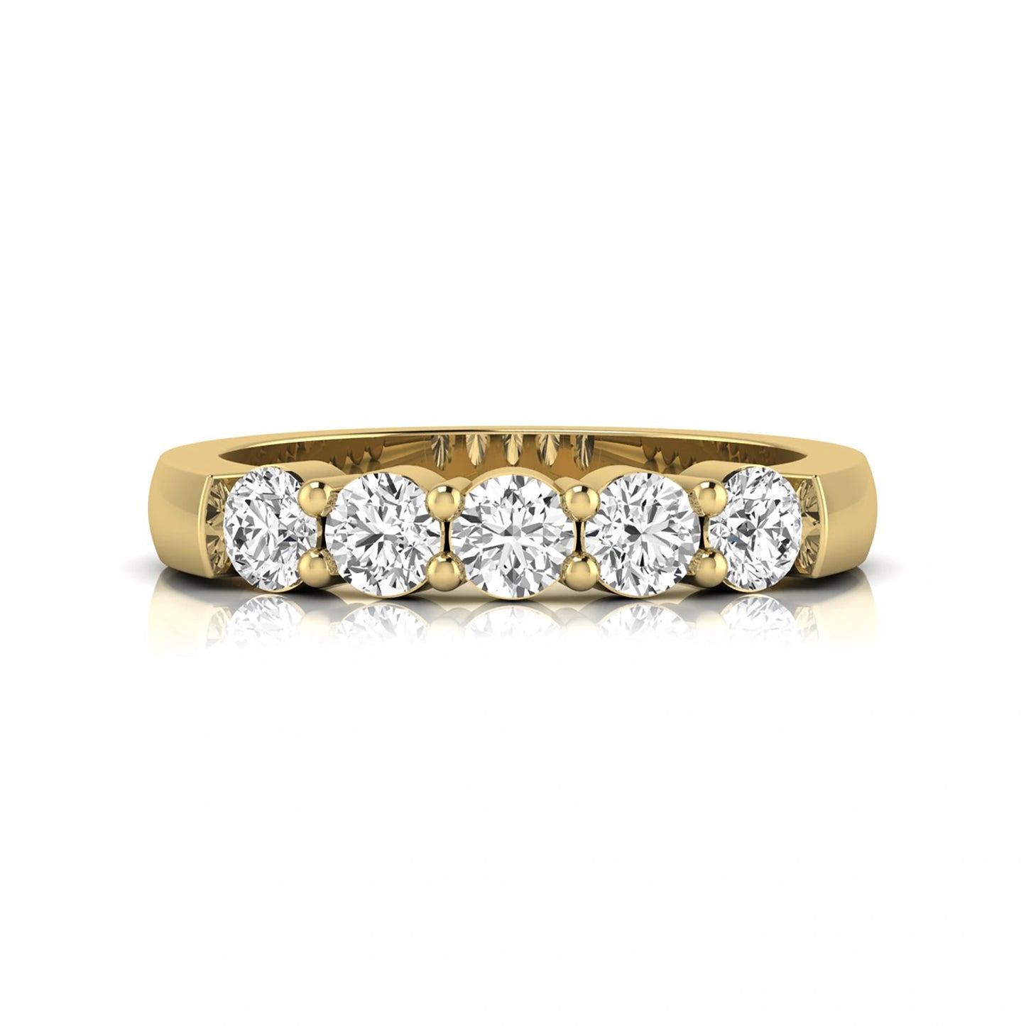 Round cut five stone lab grown diamond anniversary ring featuring a shared prong setting with a polished yellow gold finish band.